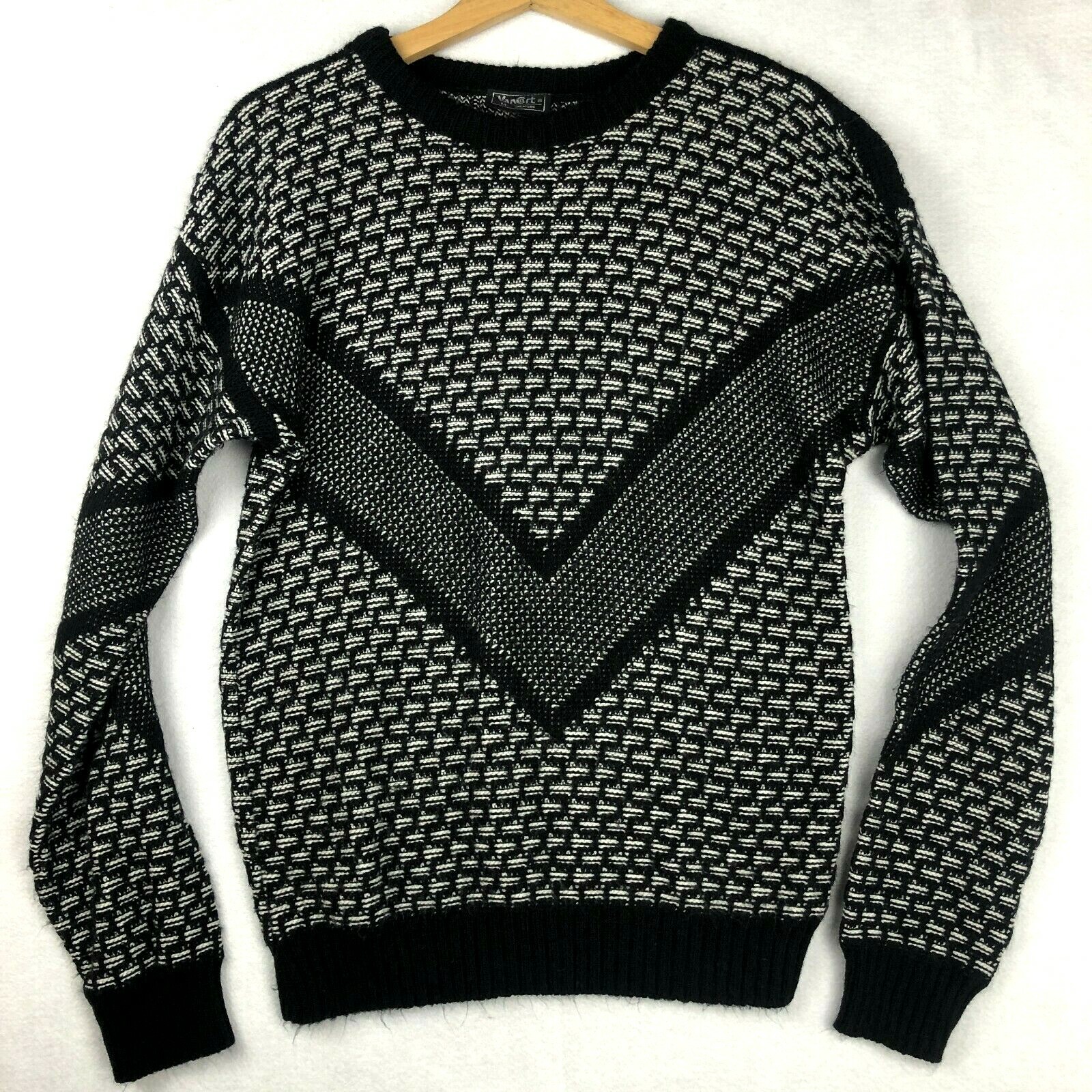 Vintage Van Cort Chunky Knit Sweater Womens Size M Retro 80s Black White