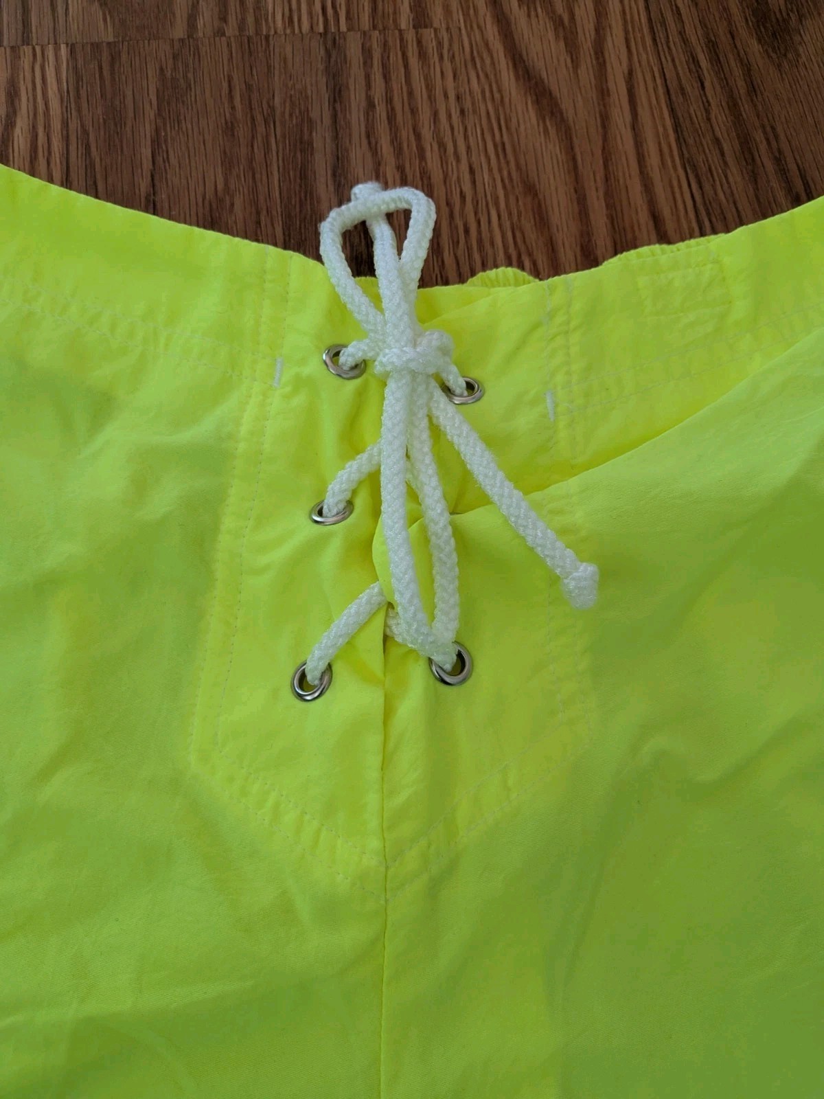 Vintage 90s Kathy Ireland Neon Yellow lace up front board shorts nylon M surf
