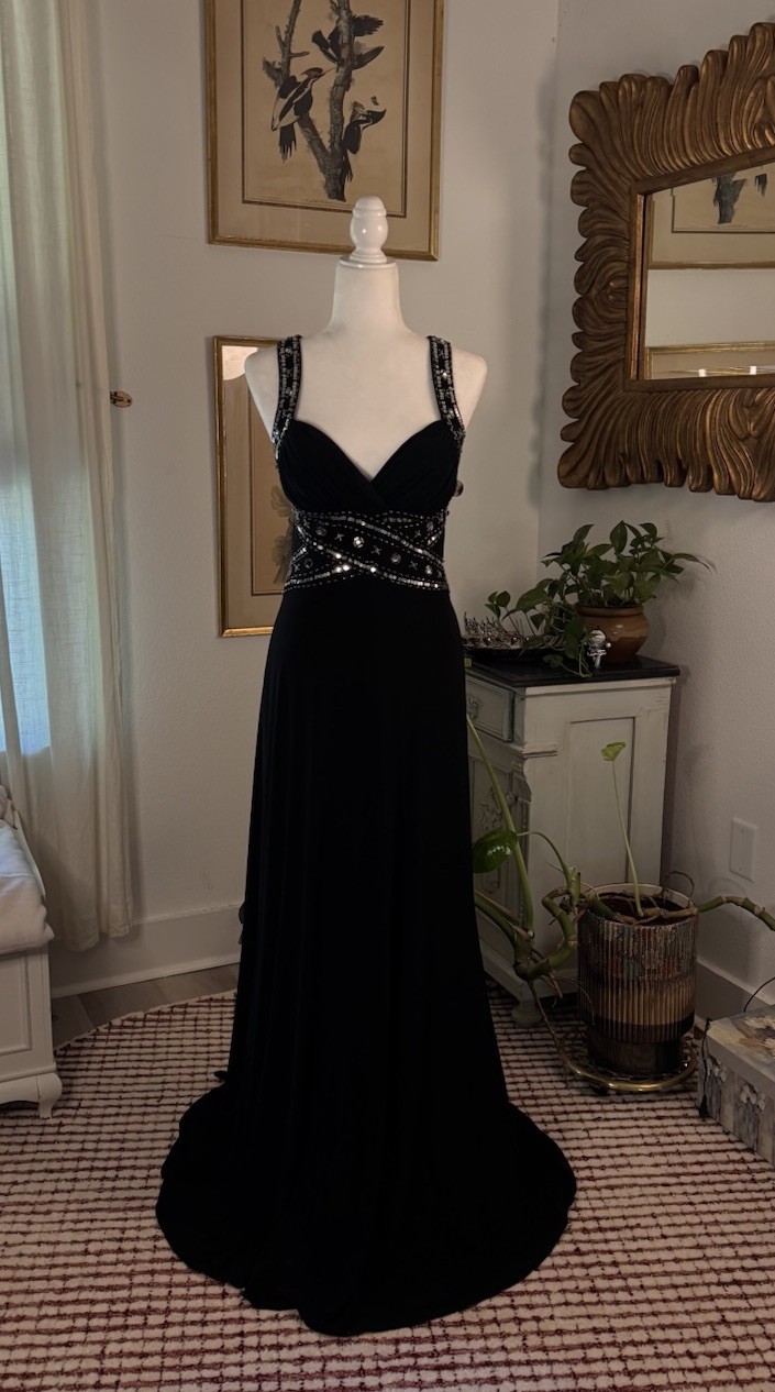 Stunning 90s Vintage Black and Silver Beaded Floor Length Gown