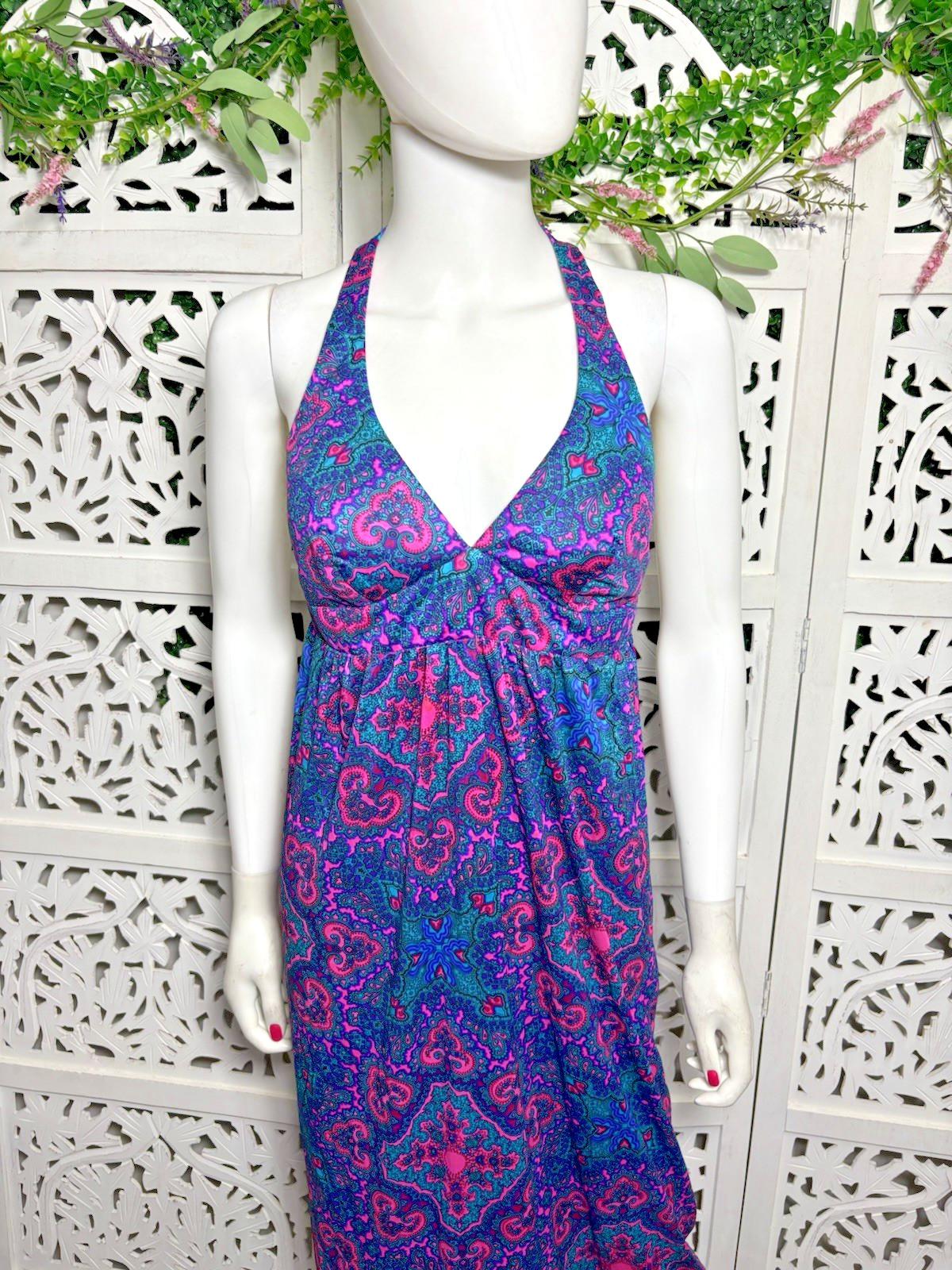 Vintage High Tide Of California Women’s Halter Print Maxi Dress Size Small