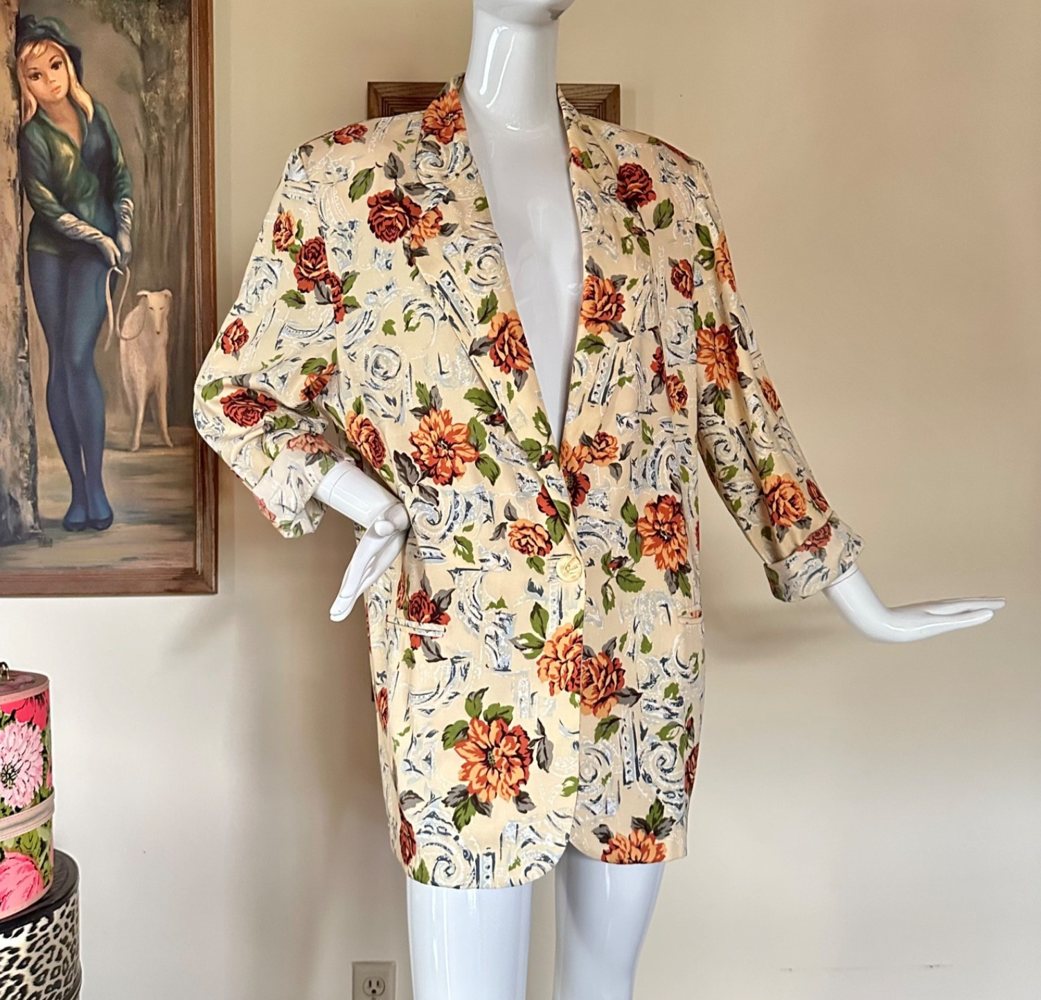 Vintage 90s Yellow Garden Floral Yuppie Blazer Work Wear Coat Jacket L/XL Volup