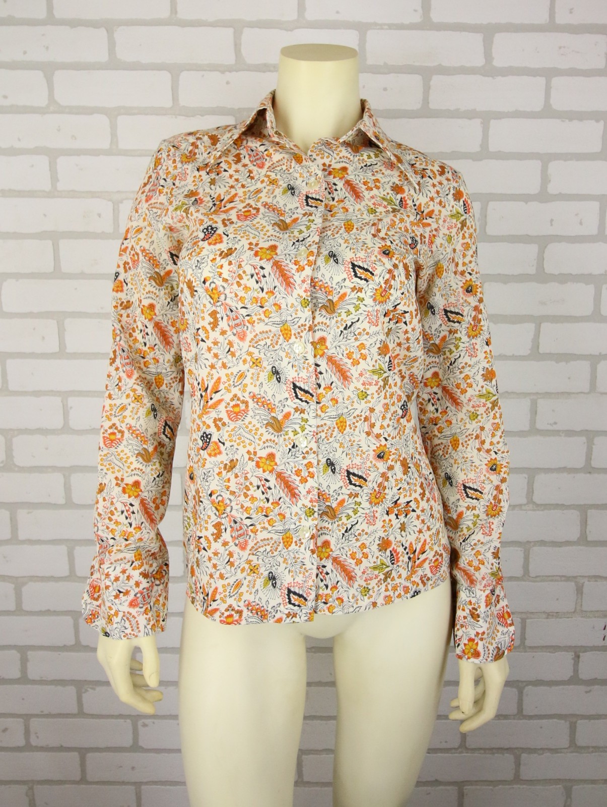Vintage I Magnin Picato Top Womens 10 Polyester Fall Floral Print Autumn Collar