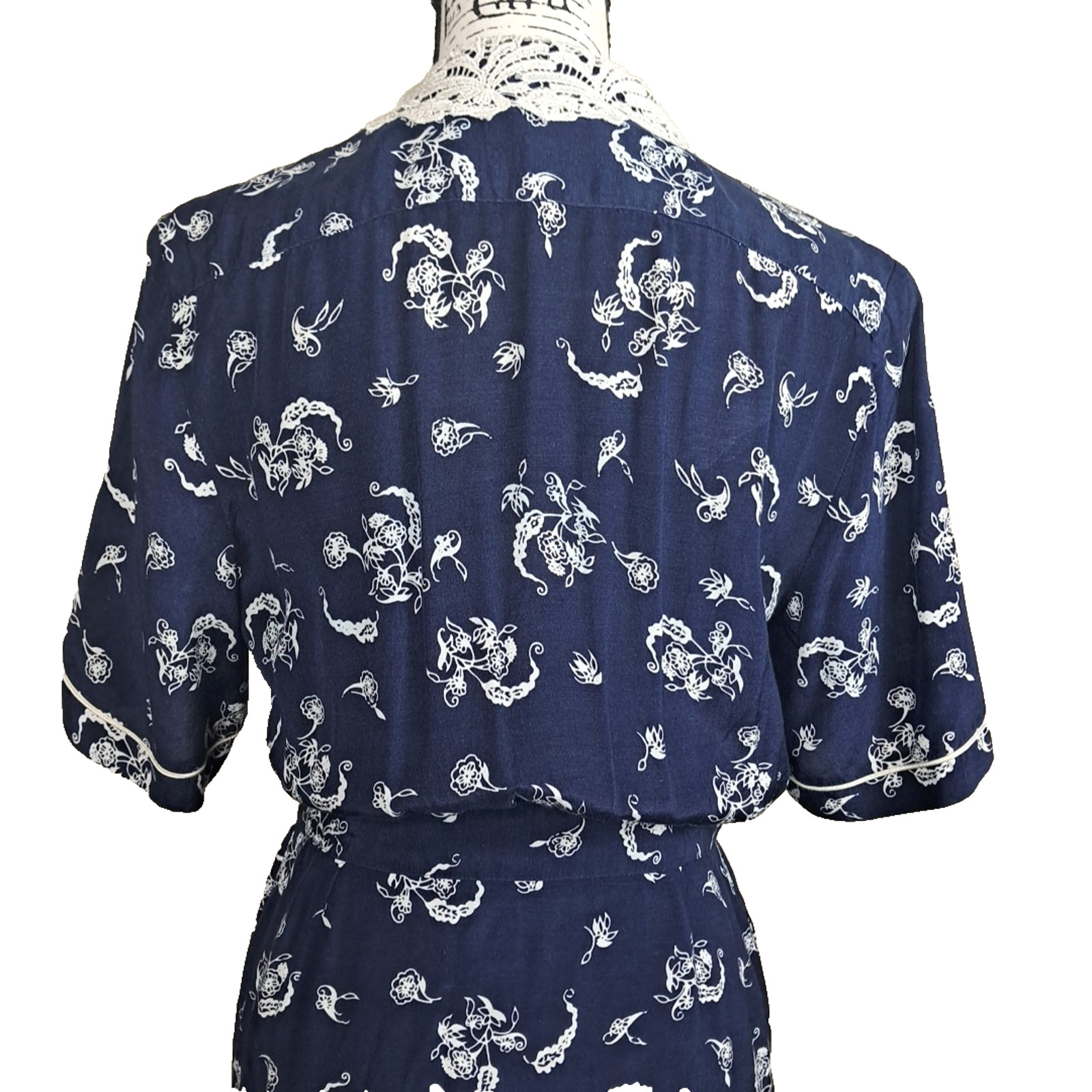 90’s Karen Stevens Floral Lace Collar Pencil Midi Dress Size 6 Blue Cottagecore