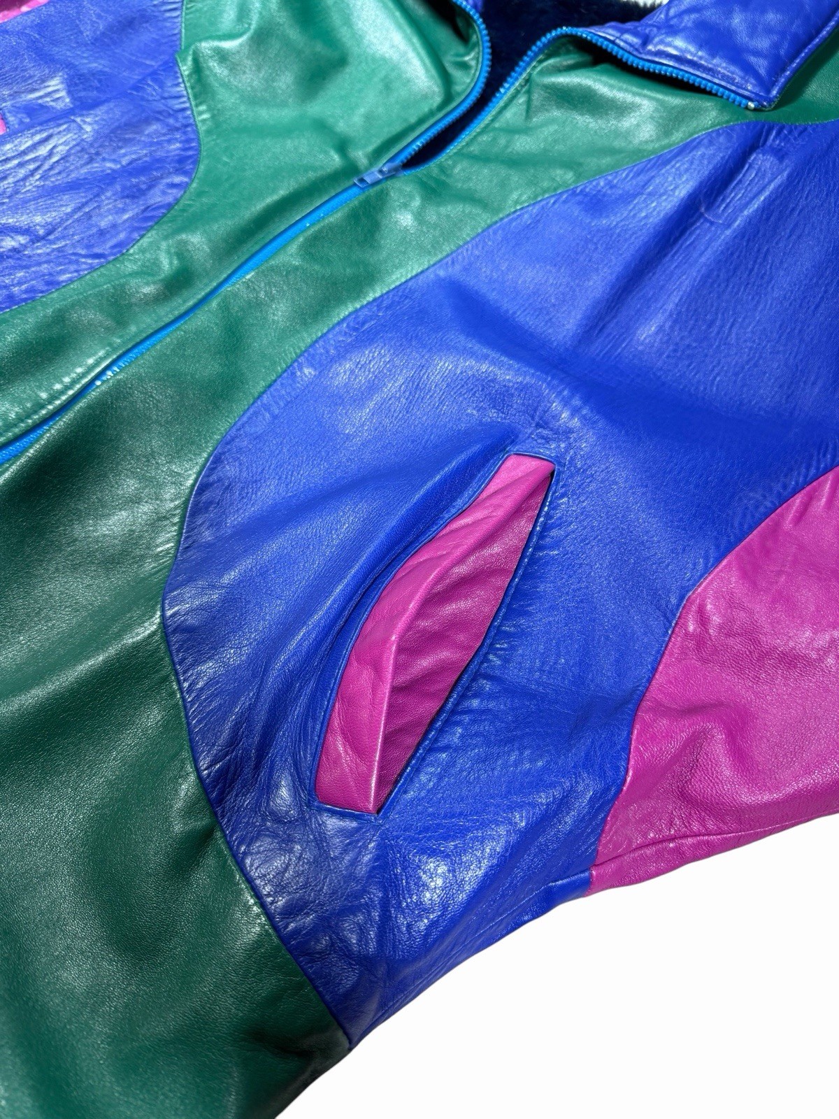 Vintage 80s Pano Sereti Color Block Leather Bomber Jacket Blue Green Pink Large