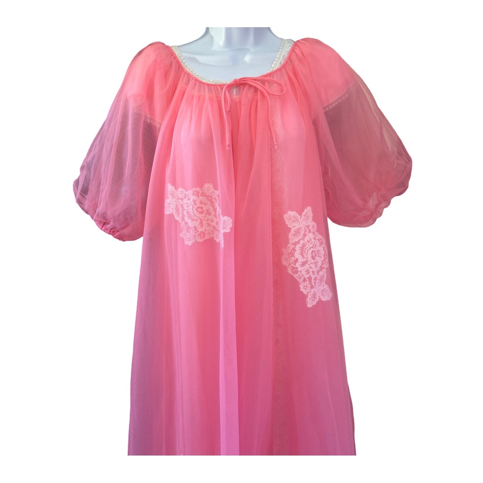 Vintage Lisette Peignoir Chiffon Lace Robe Coquette Barbiecore Puff Sleeve 34