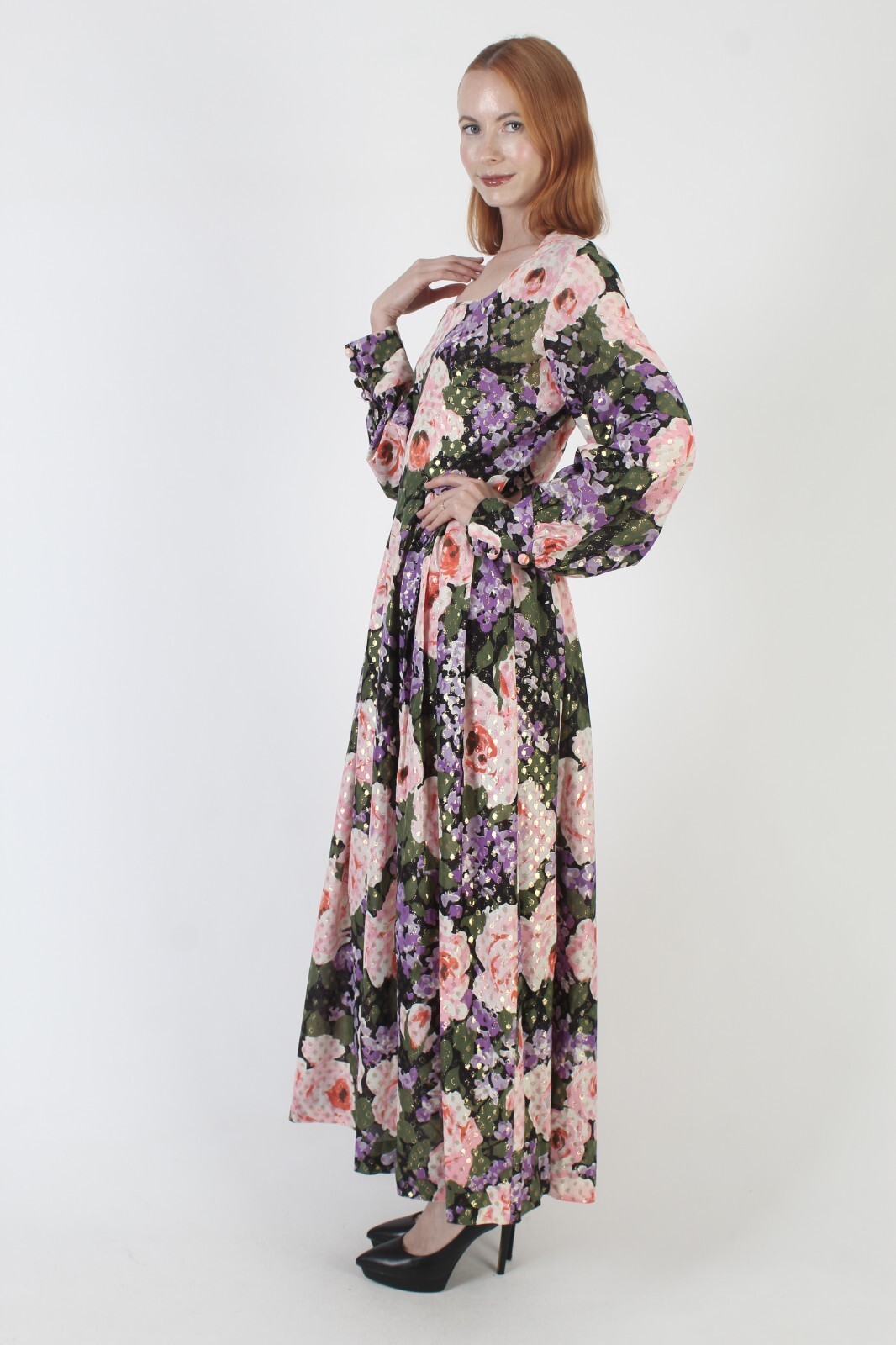 Vtg 70s Gold Metallic Dress Long Floral Cocktail Party Evening House Lounge Gown