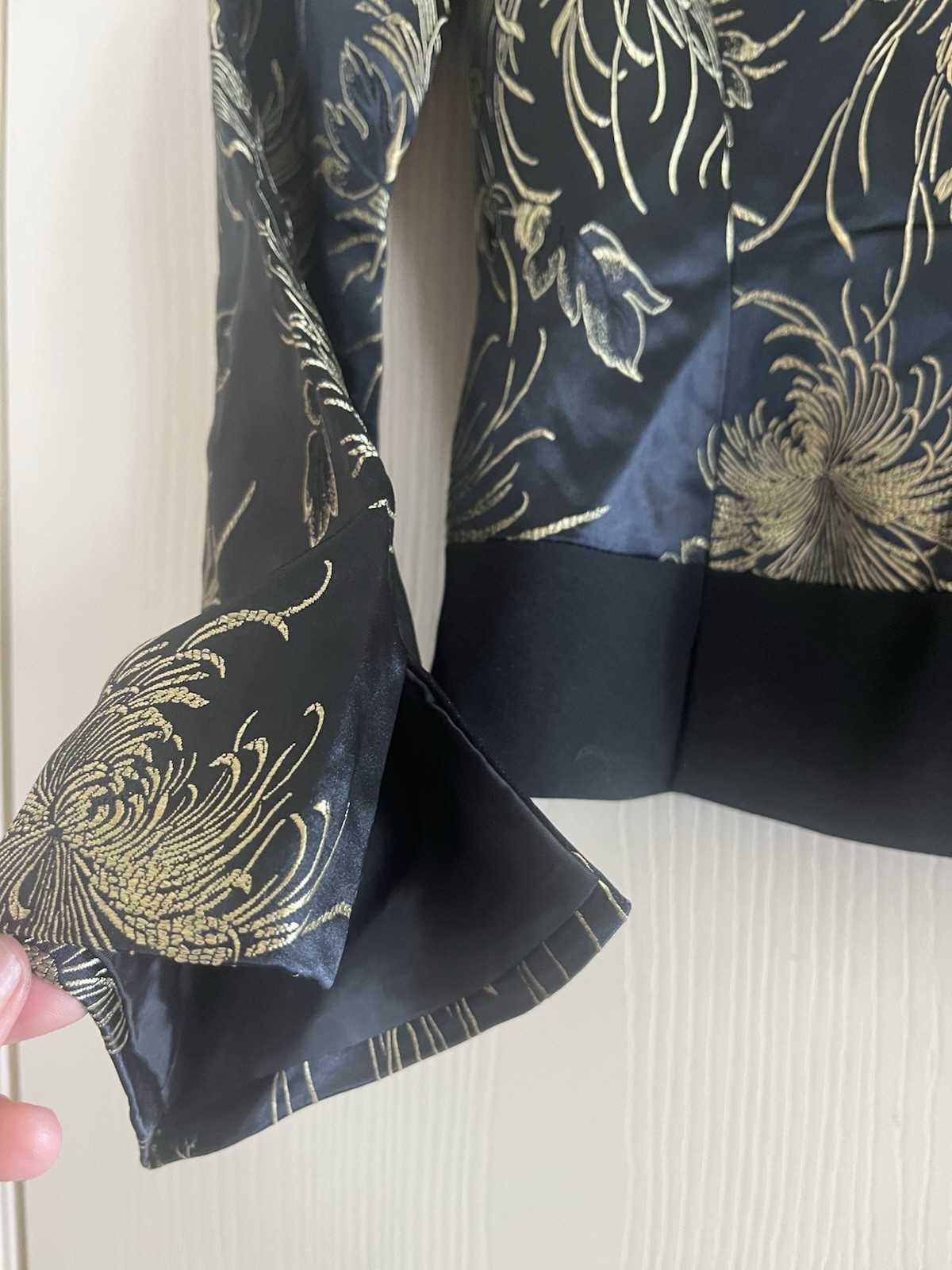 VTG Satin Brocade Asian Silk Crepe 40s Style Zip Back Party Cocktail Blouse S