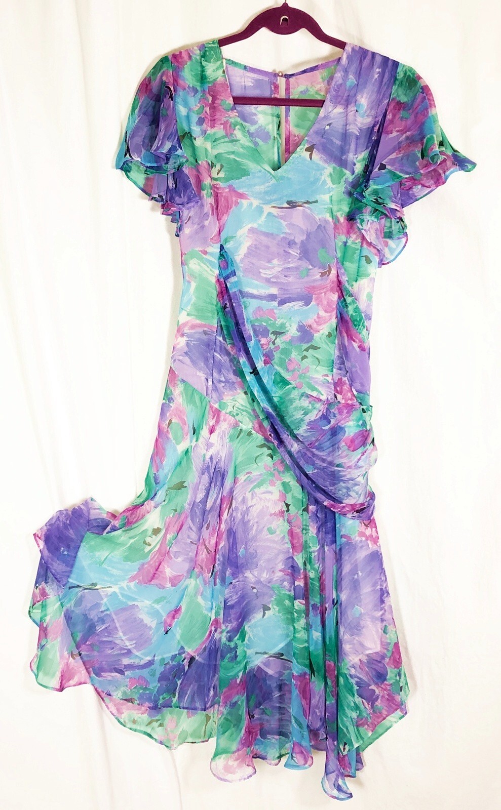 1980s A La Carte Sheer Watercolor Floral Garden Party Beach Hostess Dress 11/12