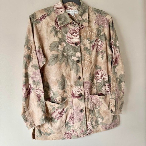 Vintage 90s Jones New York sport floral chore coat linen cotton tan pink