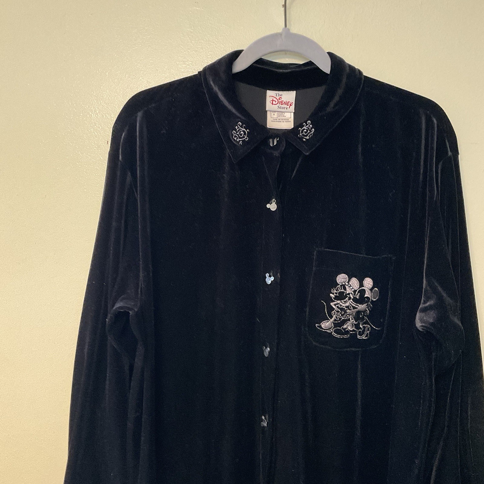 The Disney Store VTG Black Velour Button Down Mickey + Minnie Oversized Jacket S