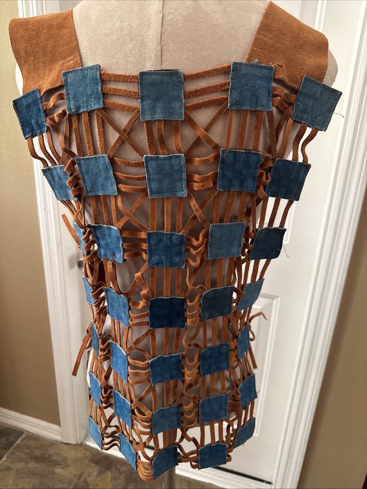 Vintage 70’s Hippie Suede Leather Cut Squares Blue & Brown Vest Made In Mexico