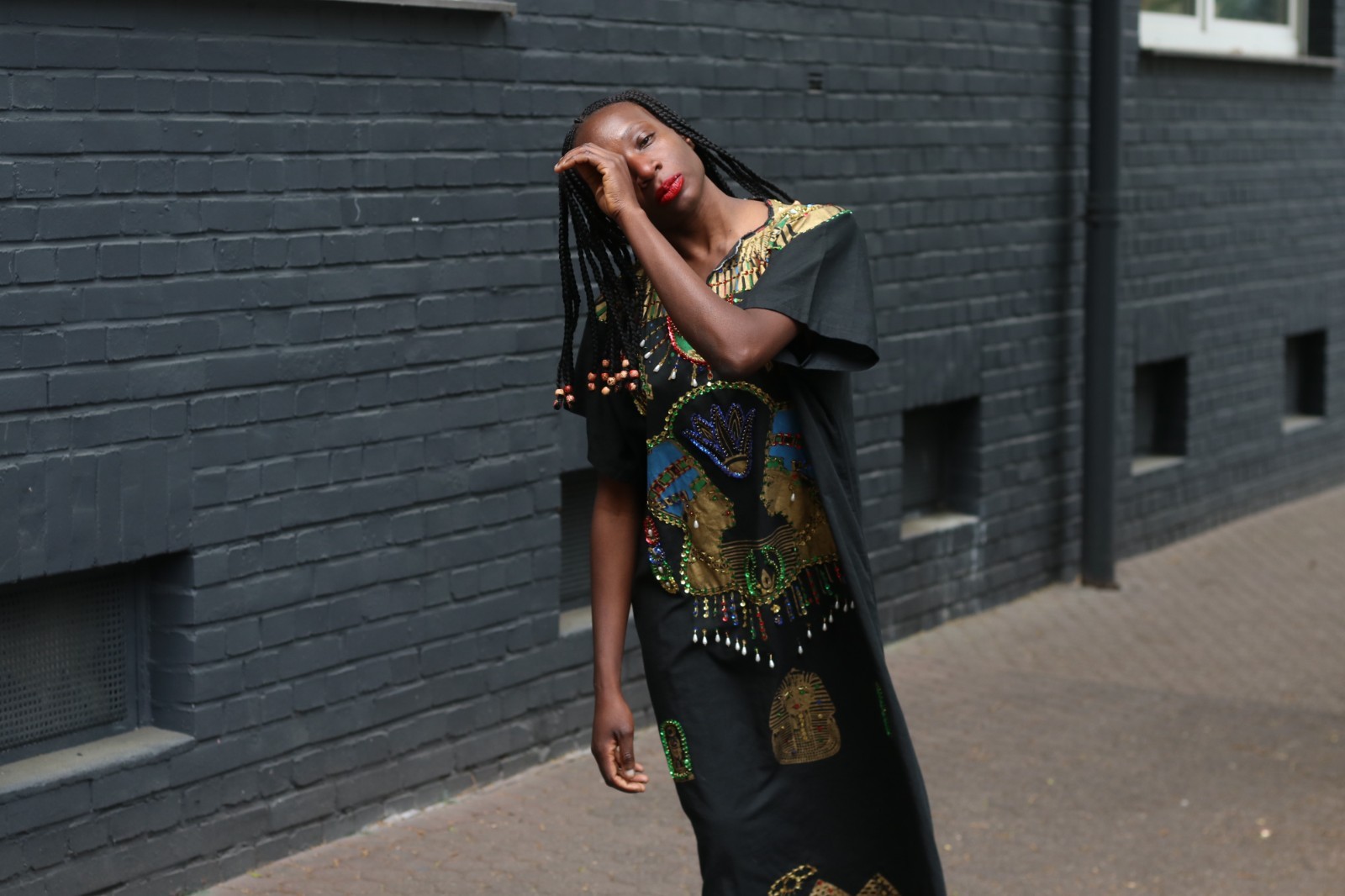 Vintage Egyptian Kaftan Black Gold Embroidered Maxi Dress 70s Boho Caftan
