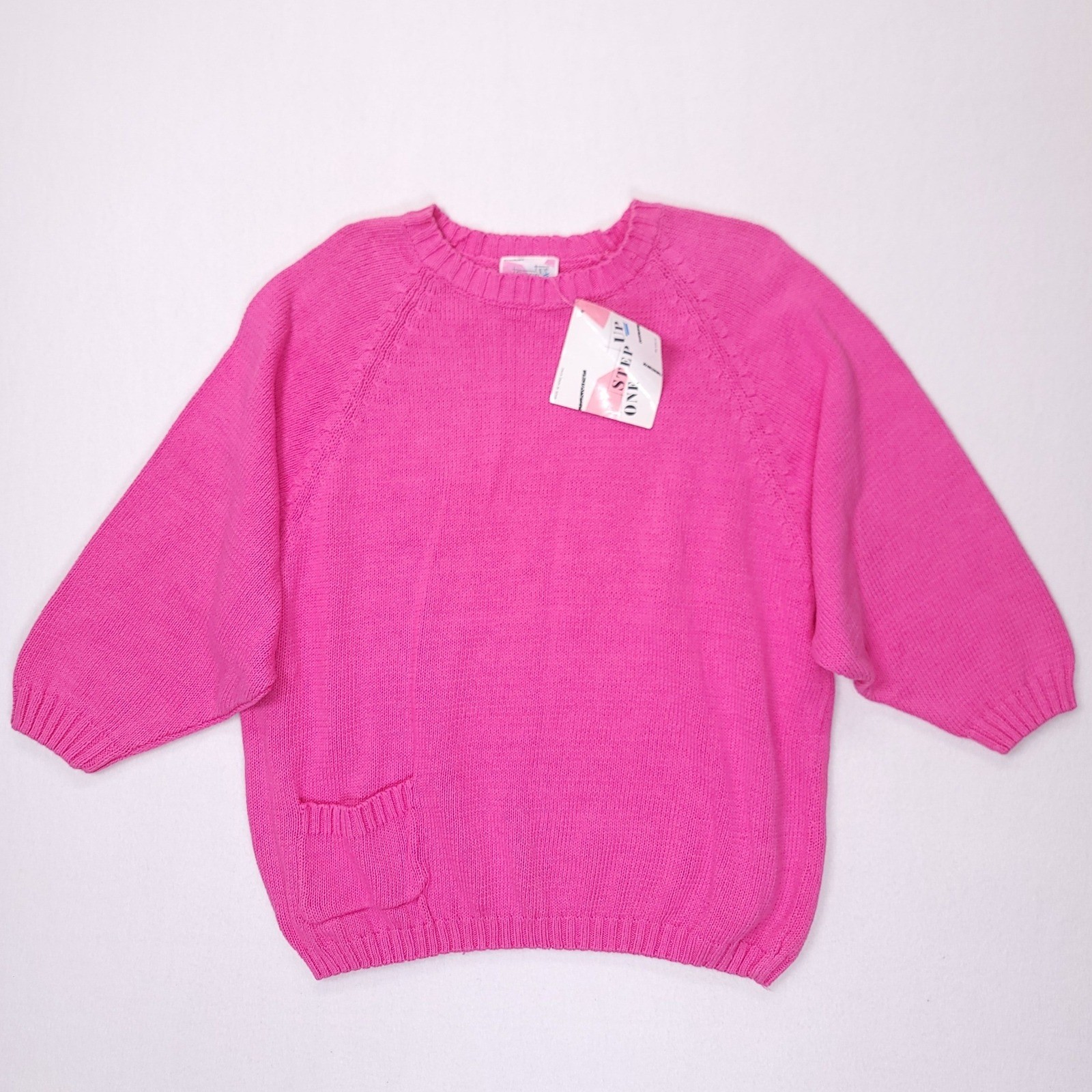 Step Up One Vintage Hot Pink Ramie Cotton Knit Sweater Crew Neck Pocket Womens M