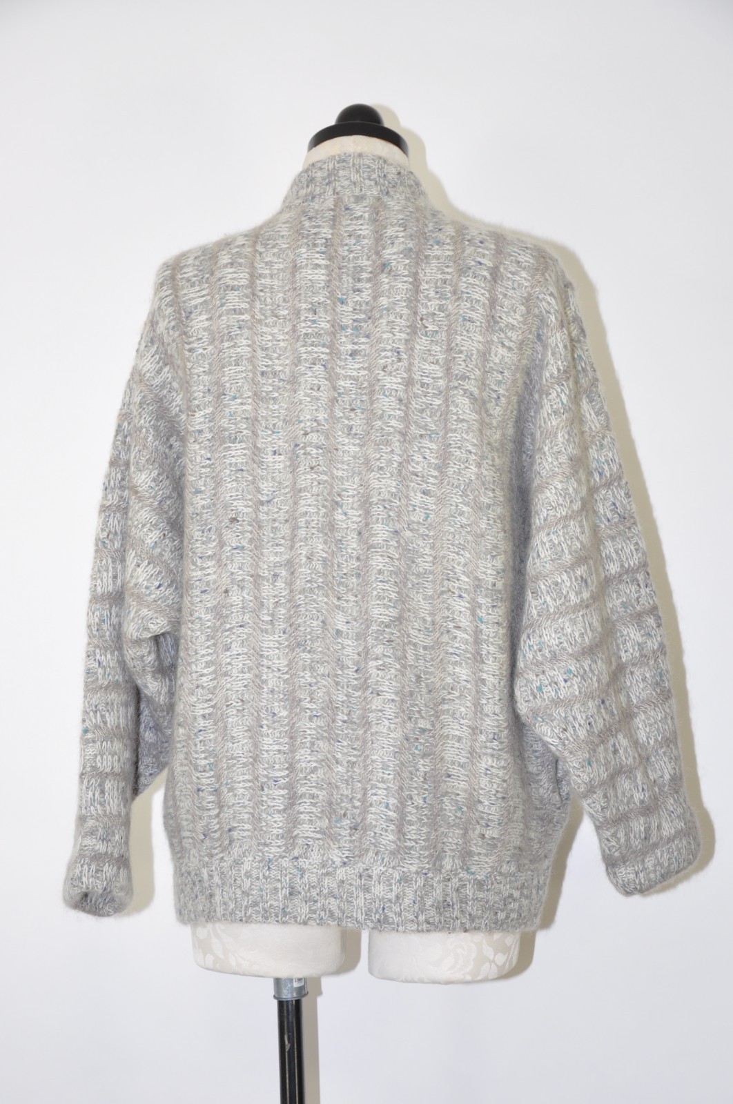 80s Vintage Gray Fuzzy Wool Mohair Buttoned Cardigan Sweater Jacket Women L XL