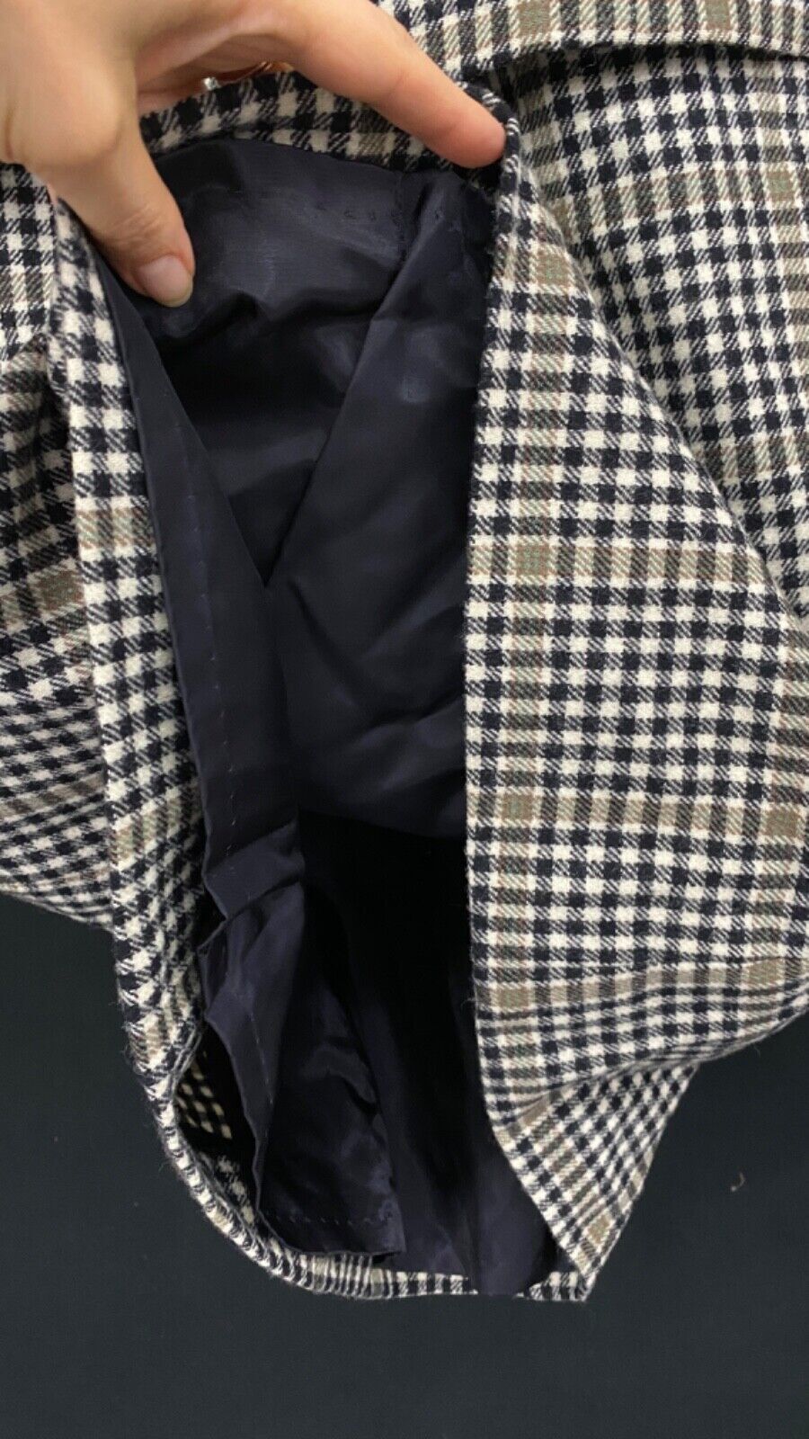 Vintage wool plaid black white gray suit jacket blazer skirt set outfit XS S