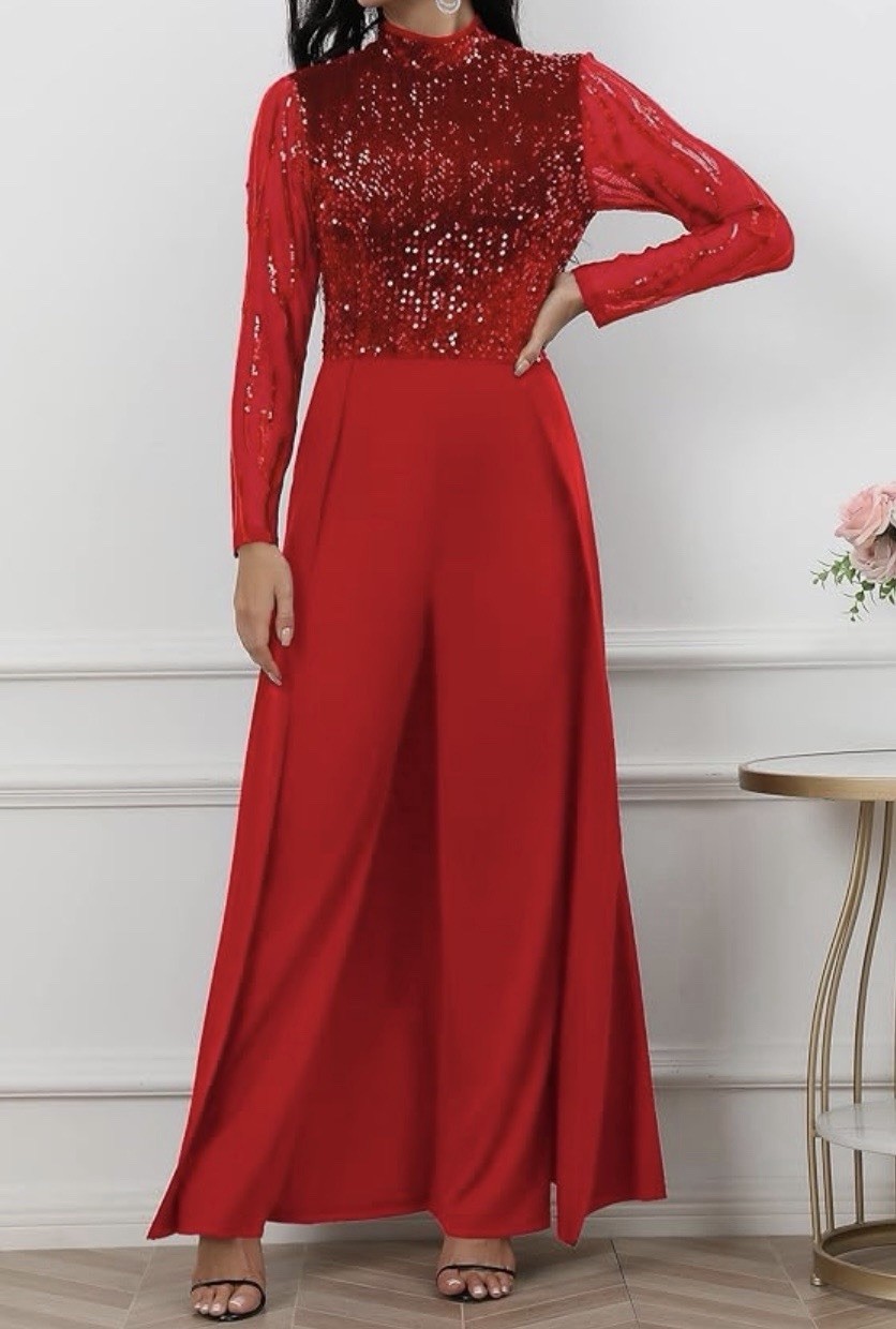 IWFEV Women Red Sequin Jumpsuit Overlay Romper High Waist Evening Party XXL