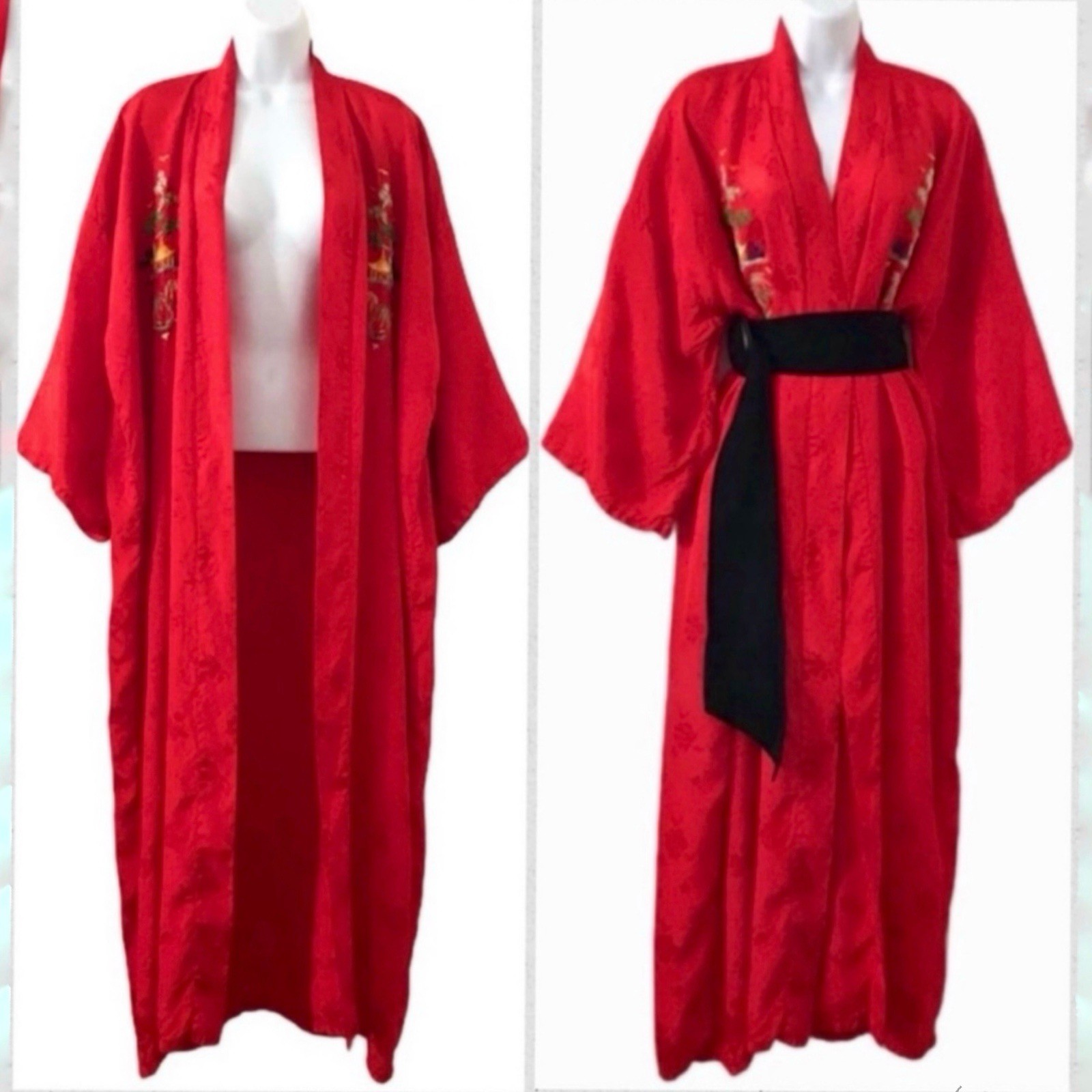 VTG Golden Bee Embroidered Kimono Dressing Robe (no belt) Ukiyo Style Red Large