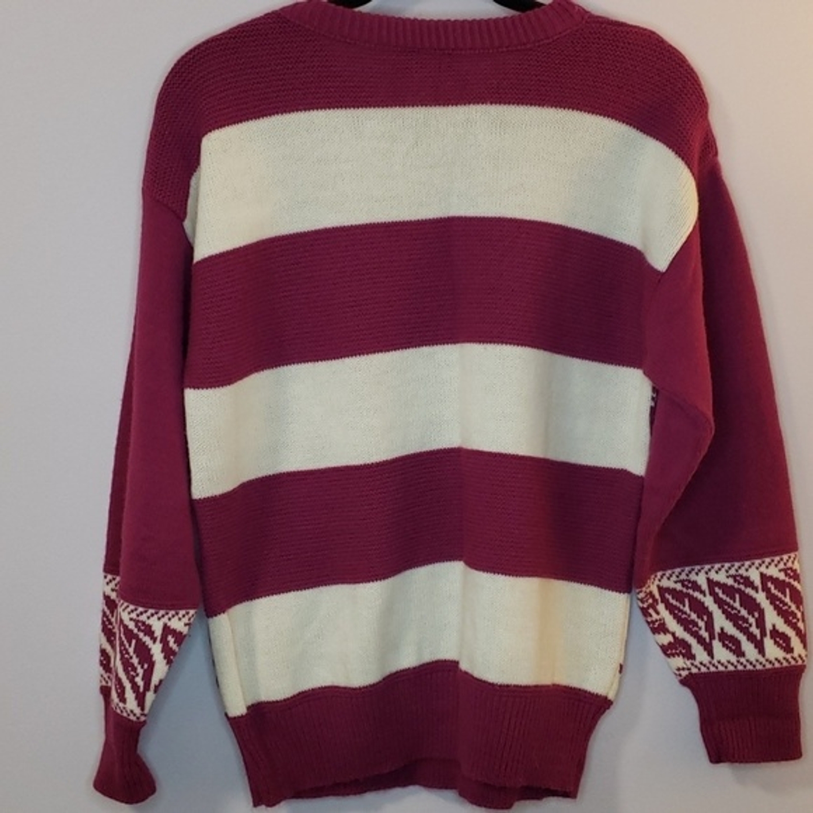 Vtg 90s Fashion Formulas Knit Purple Plum White Sweater Stripe, Leaf Design, Sm