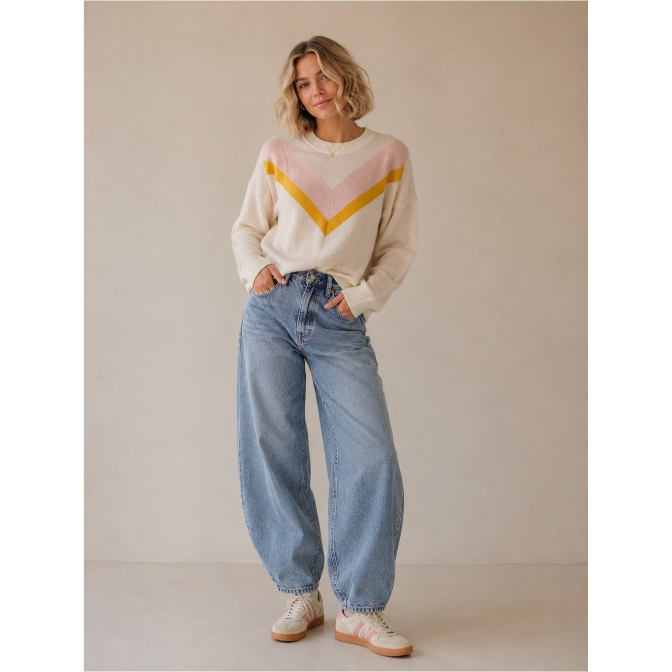 Kari Traa Chevron Knit Sweater Cream Pink Yellow Women’s XS