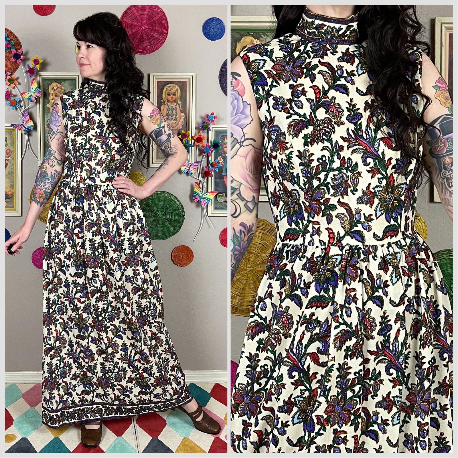 Vintage 1970s Floral Mock Neck Sleeveless A-Line Maxi Dress | 28″ Waist