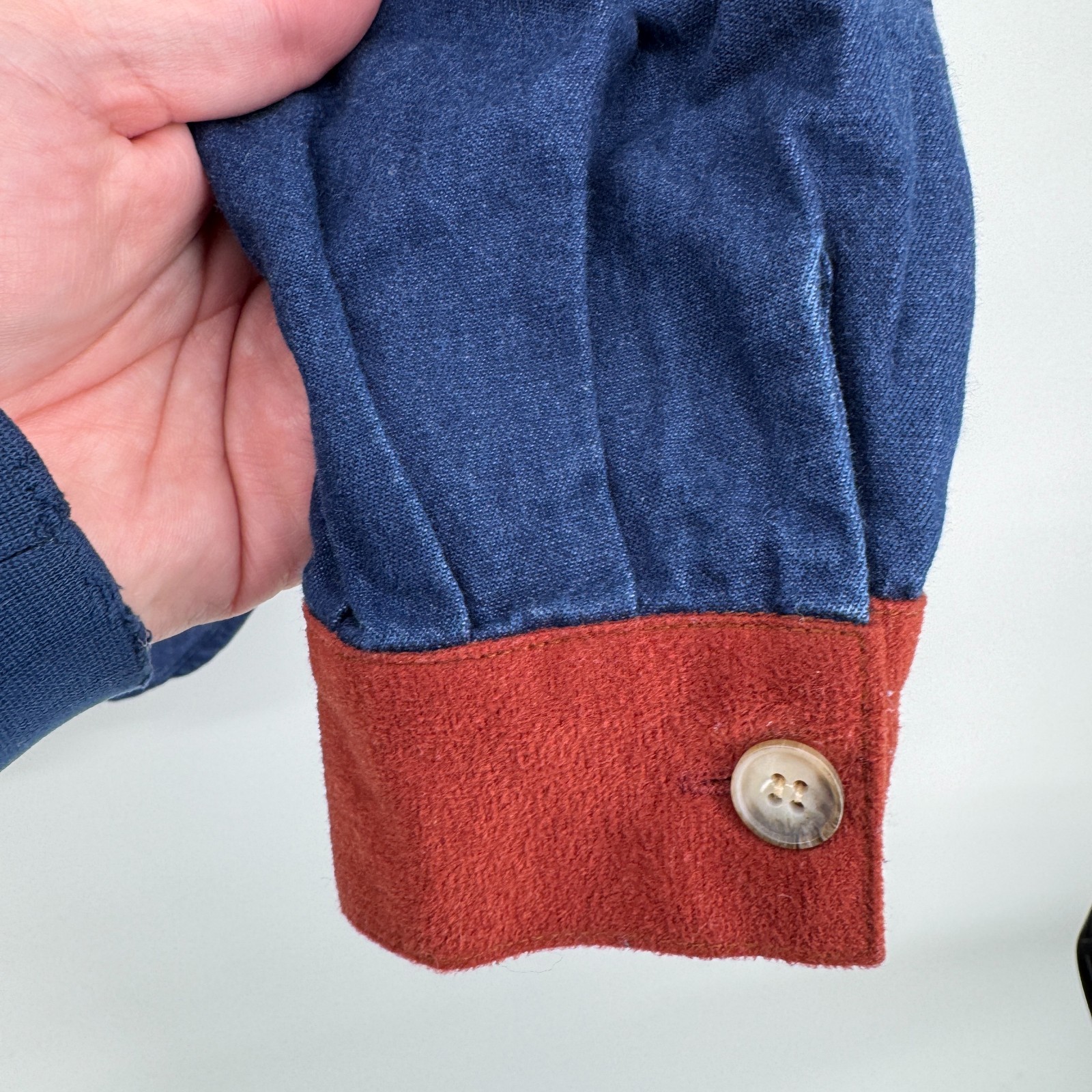 Vintage Miller Stockman Denim Shirt Womens M Blue Red Suede Yoke Cowboy