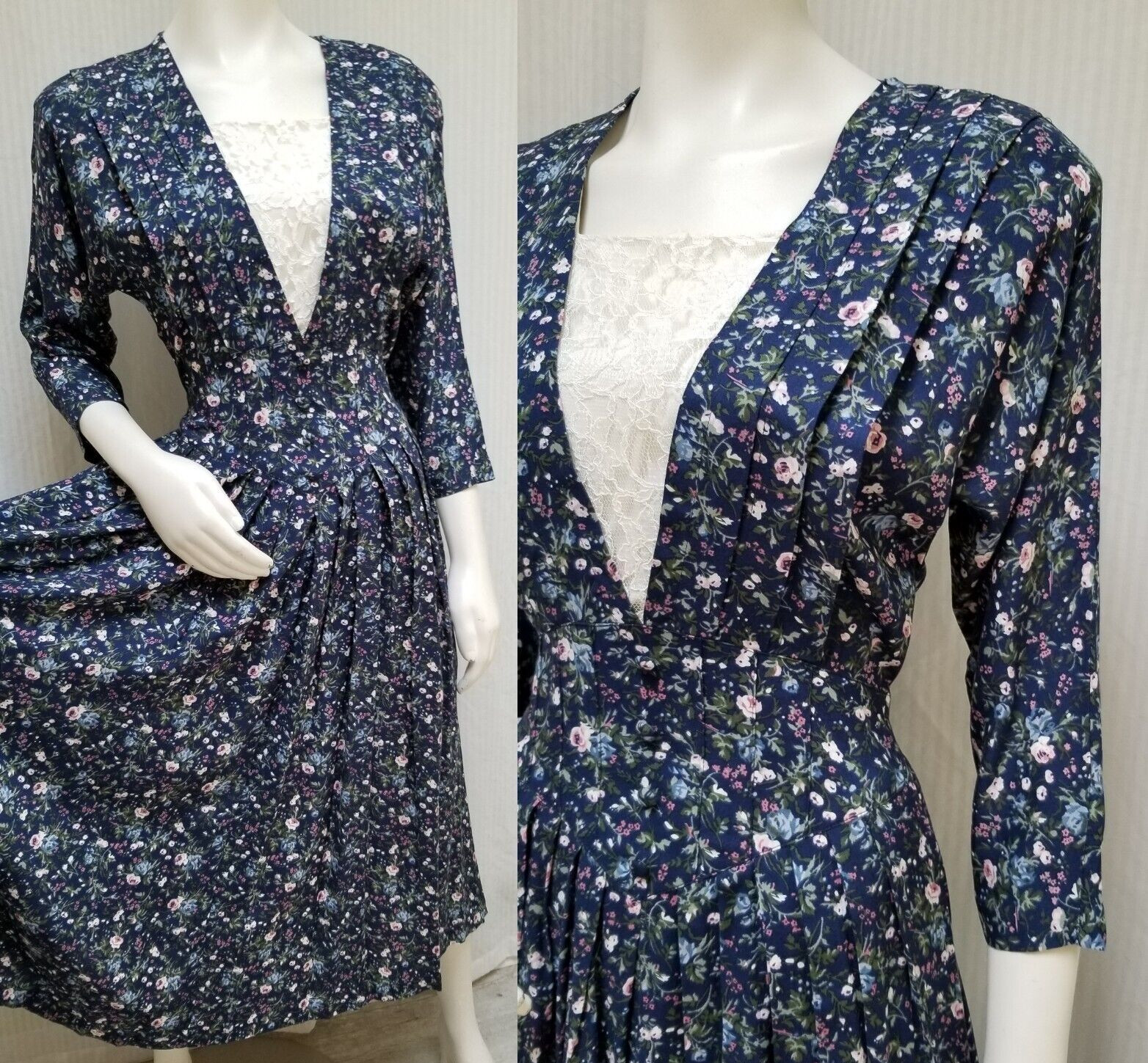 Vintage Maggie Lawrence Blue Floral Rayon Cottagecore Dress – Size S/M – EUC