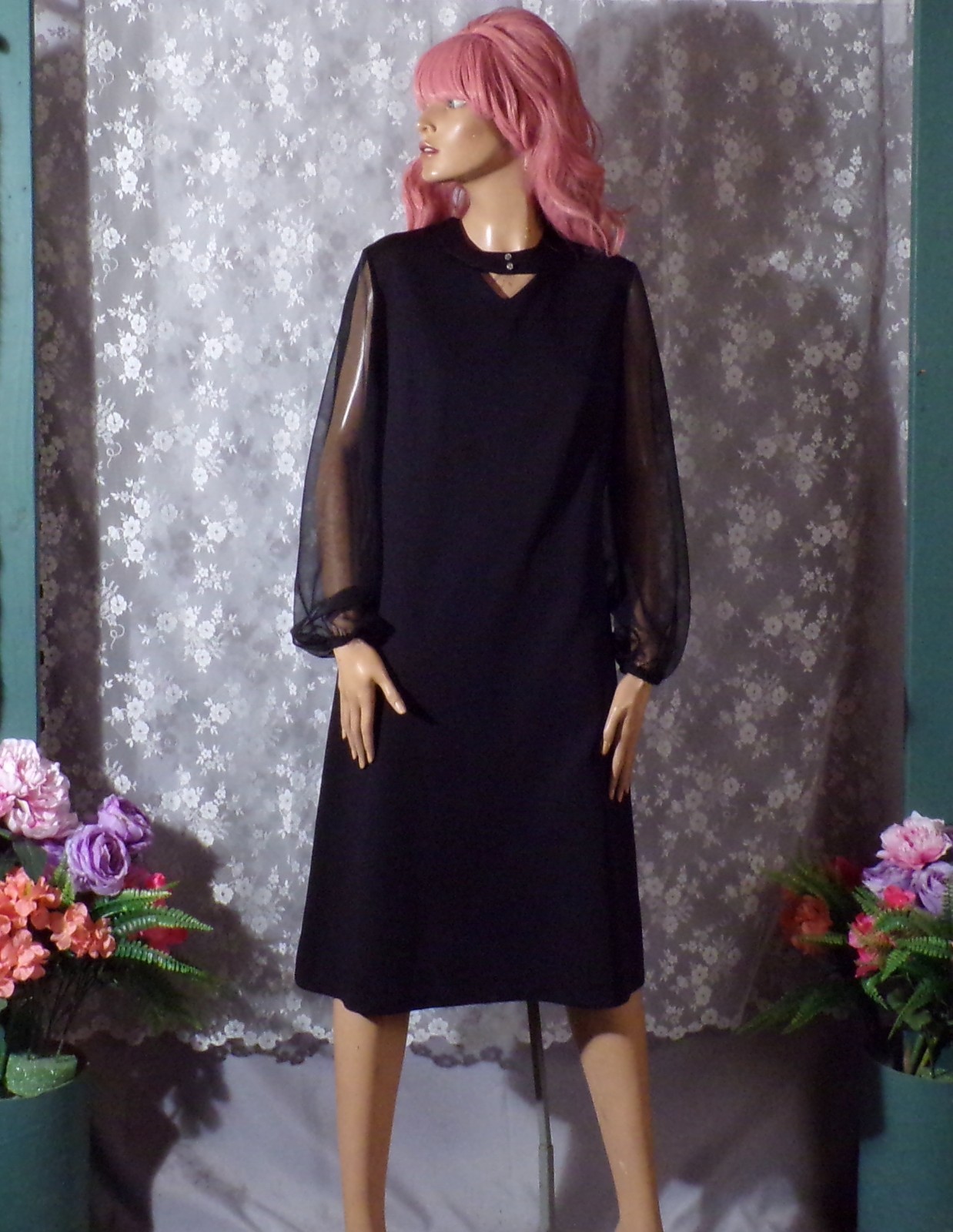 Vintage 70s Black Cocktail Dress Size Medium M/L 1970s Retro Megan Draper Chic