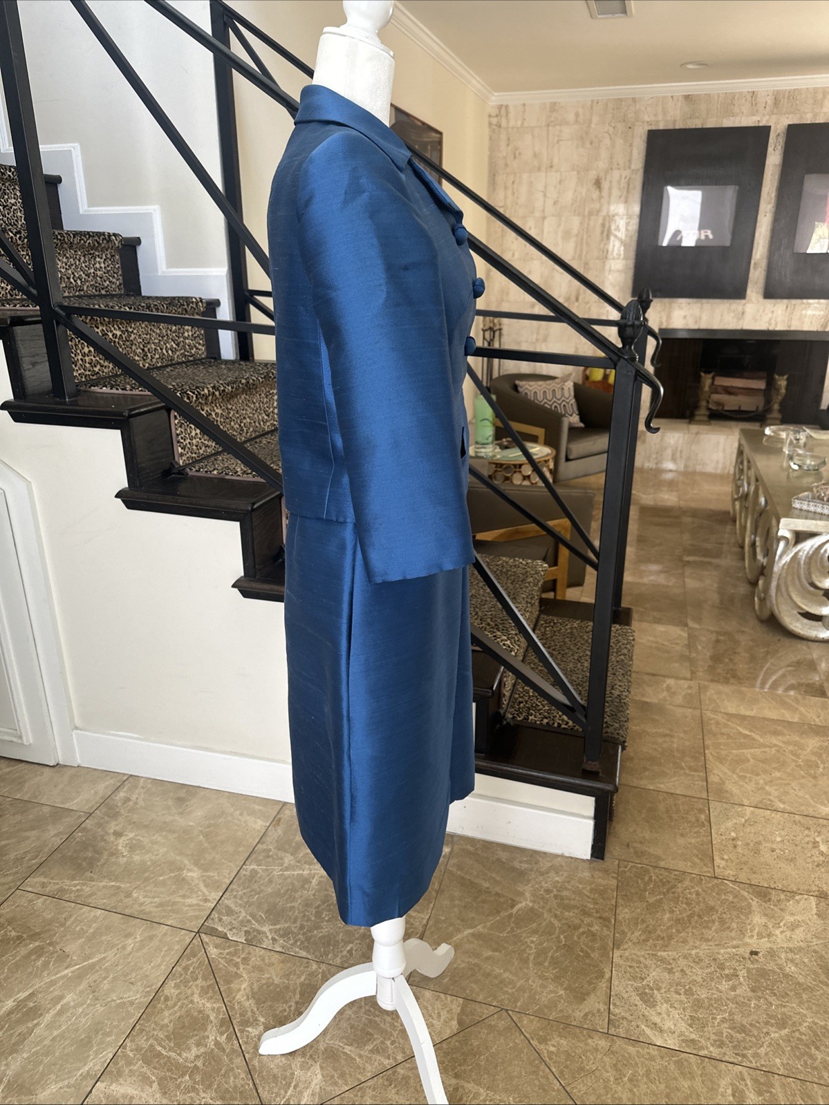 Hannah Troy VTG 50s Marine Blue Stiff Raw Silk Cocktail Dress Short Jacket S