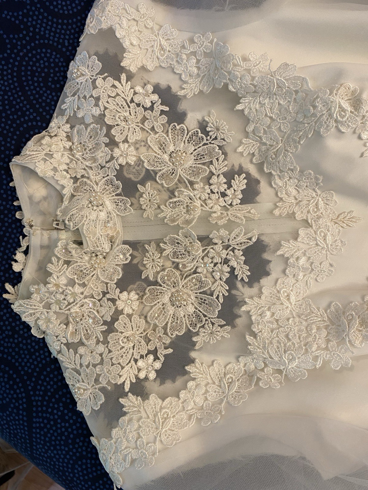 Vintage Lace Pearl Appliqué High Neck Long Sheer Sleeve 1970s Wedding Gown S/M