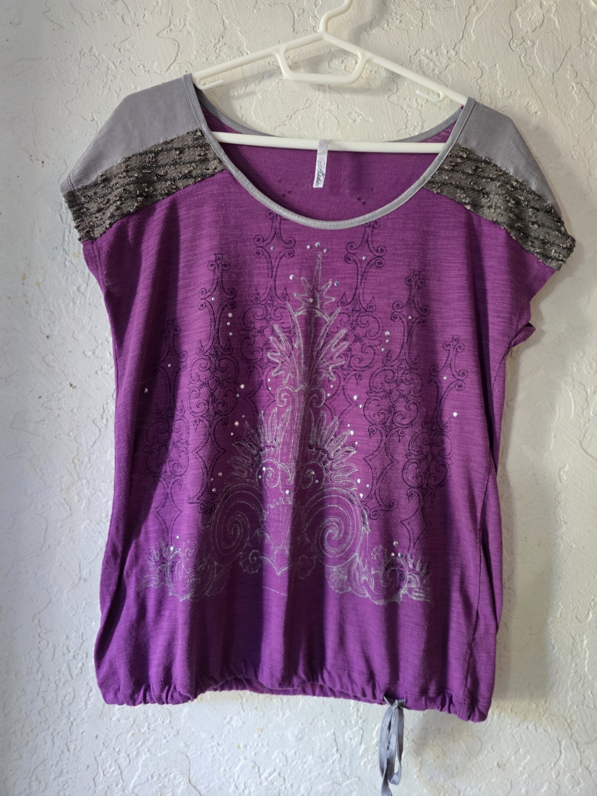 XL Adiktd Y2K Silver Studded Purple Top With Satin, Lacy, Silver Style Sleeves