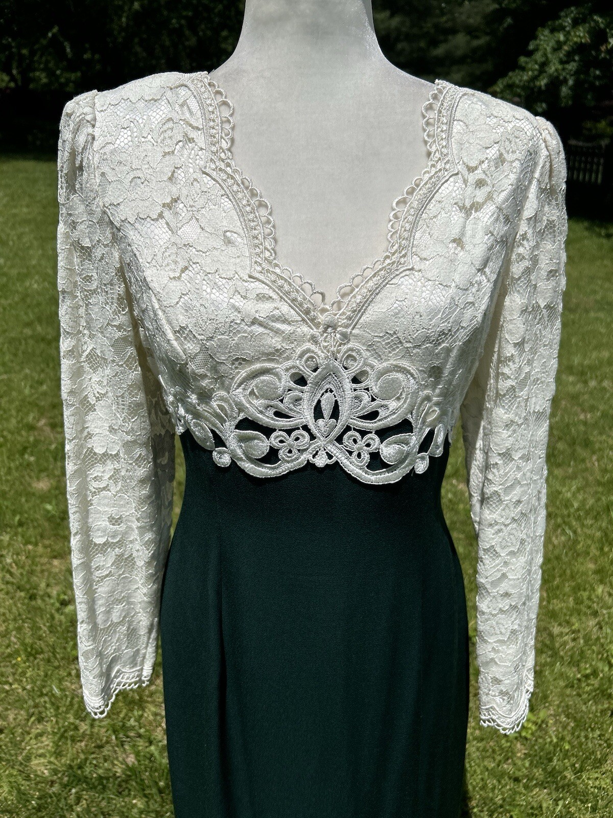 Vintage 90s Scott McClintock Ivory Lace Hunter Green Long Dress Cutout Back S M