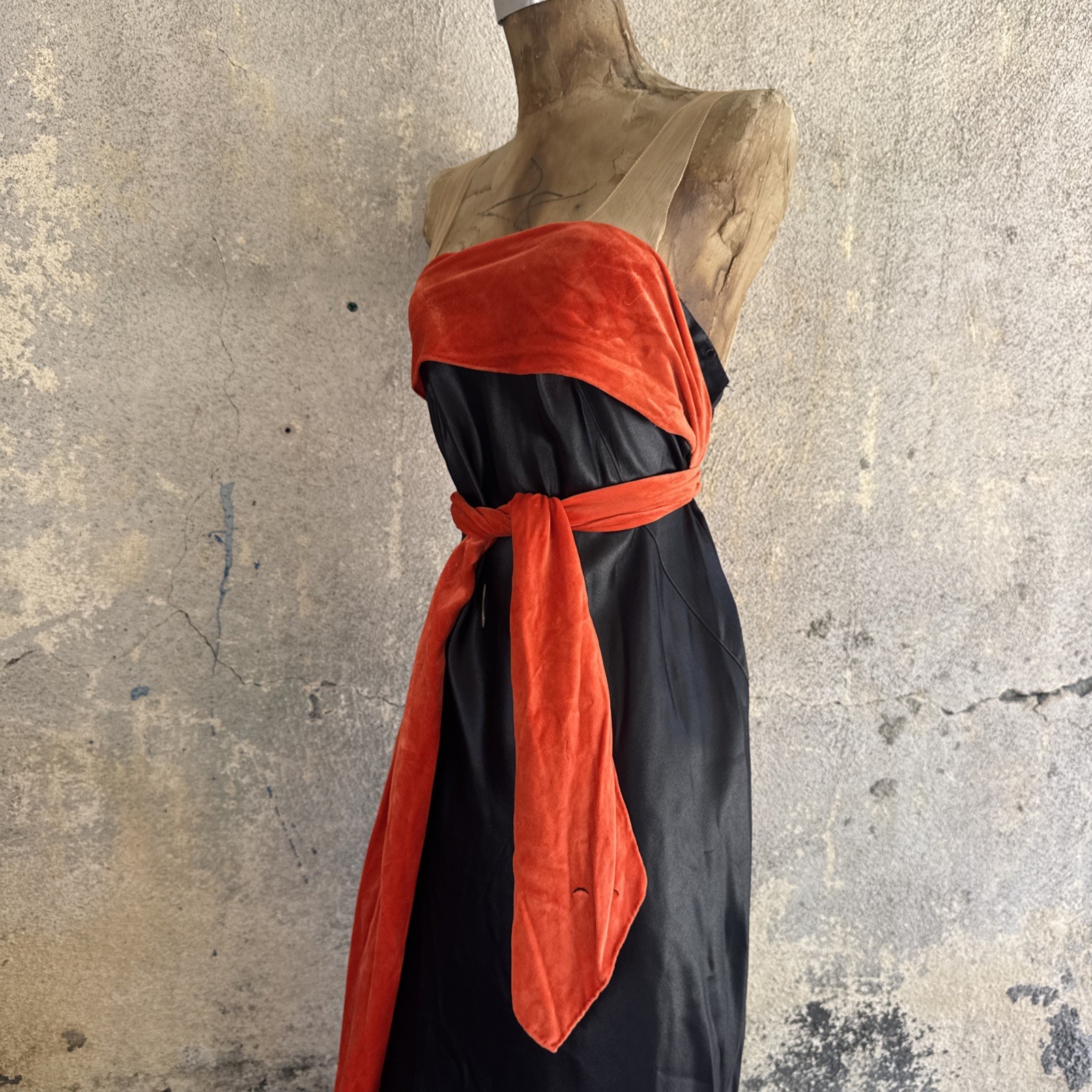Vintage 1930s Black Silk Satin Dress Orange Silk Velvet Bow Wrap Lace Trim Bias