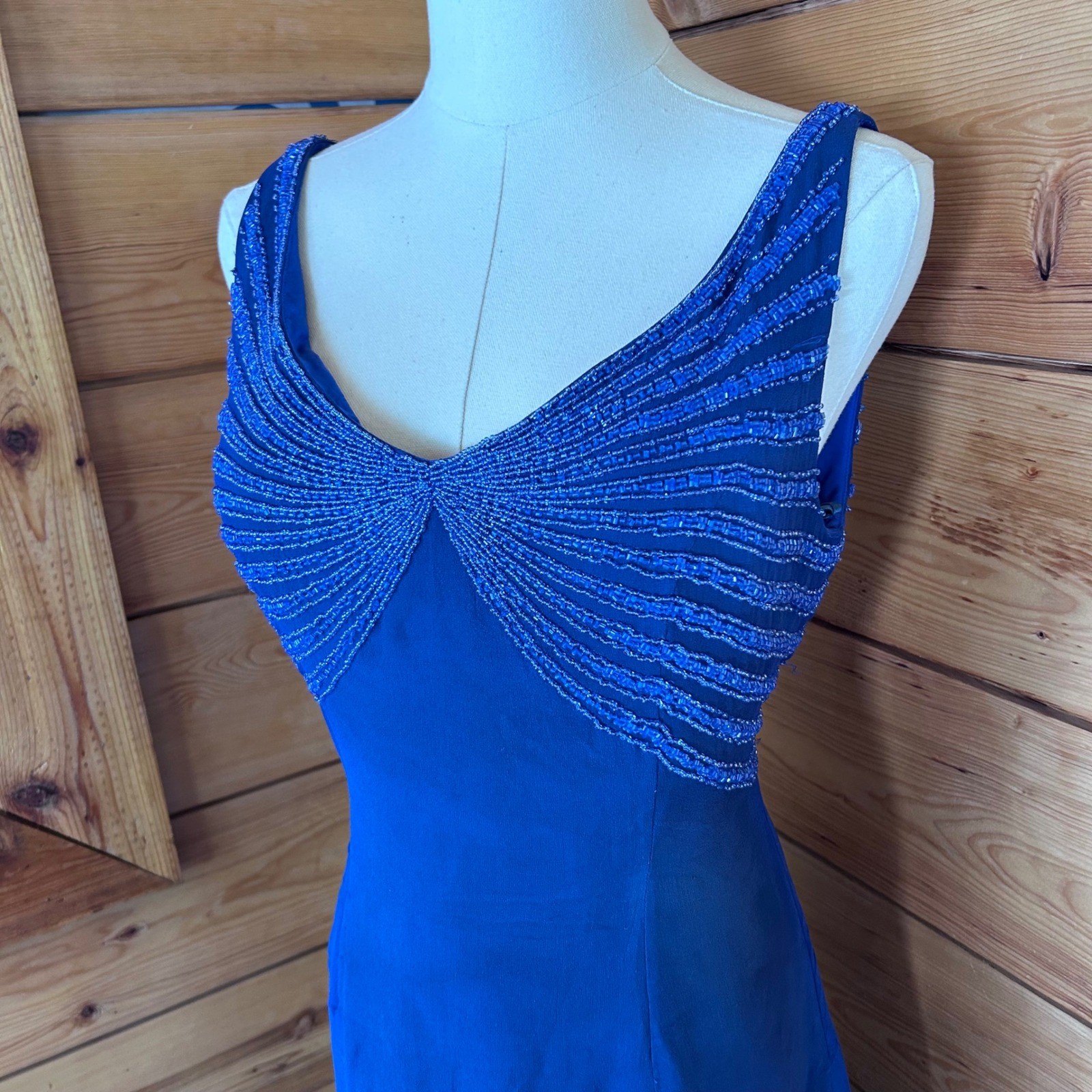 Vintage Silk Dress Women Extra Large Cobalt Blue Beaded Asymmetric Hem Dalia