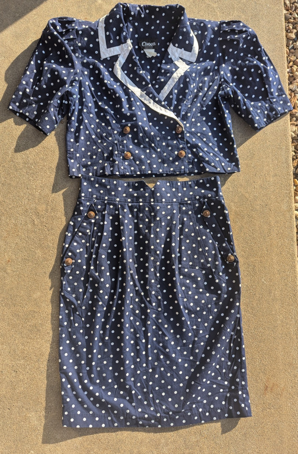 CHOON California Vtg 80s Polka Dot suit skirt short jacket Navy White sz16 EUC