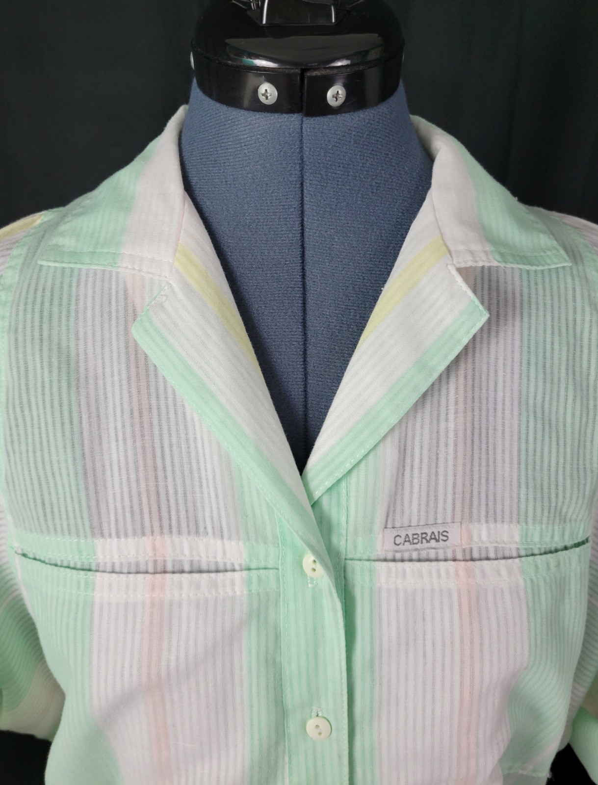 Vintage Cabrais Oversized Mint & White Striped Button Down Shirt Size Large