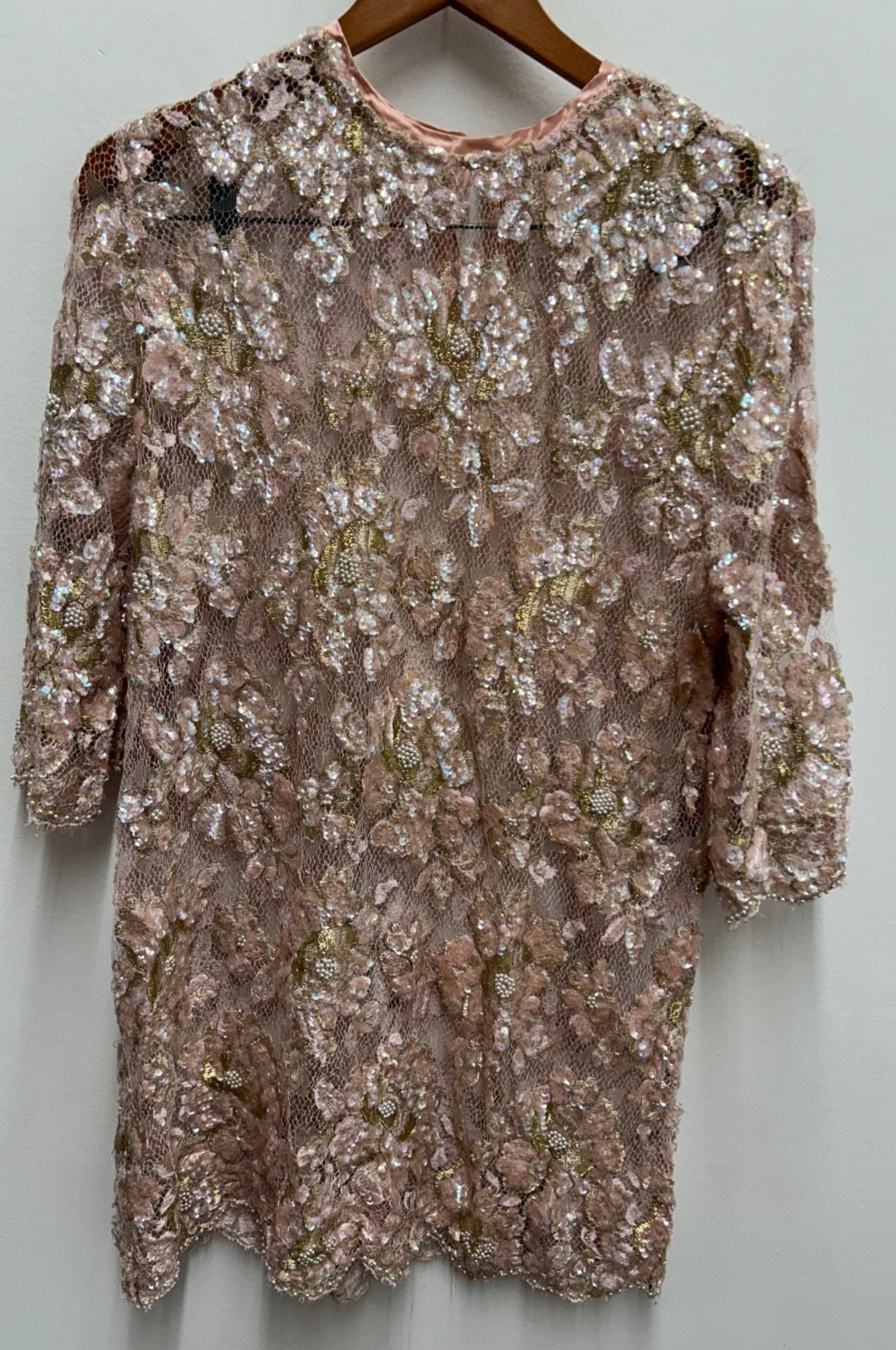 Vintage Embellished Beaded Sequin Floral Lace Mesh Cocktail Shift Dress Pink