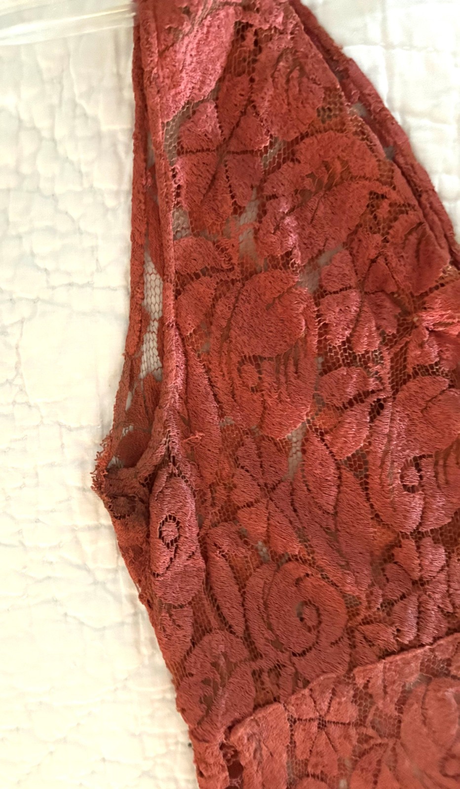 Vintage 30’s long coral lace sleeveless dress matching fur trim lace cape XS-S