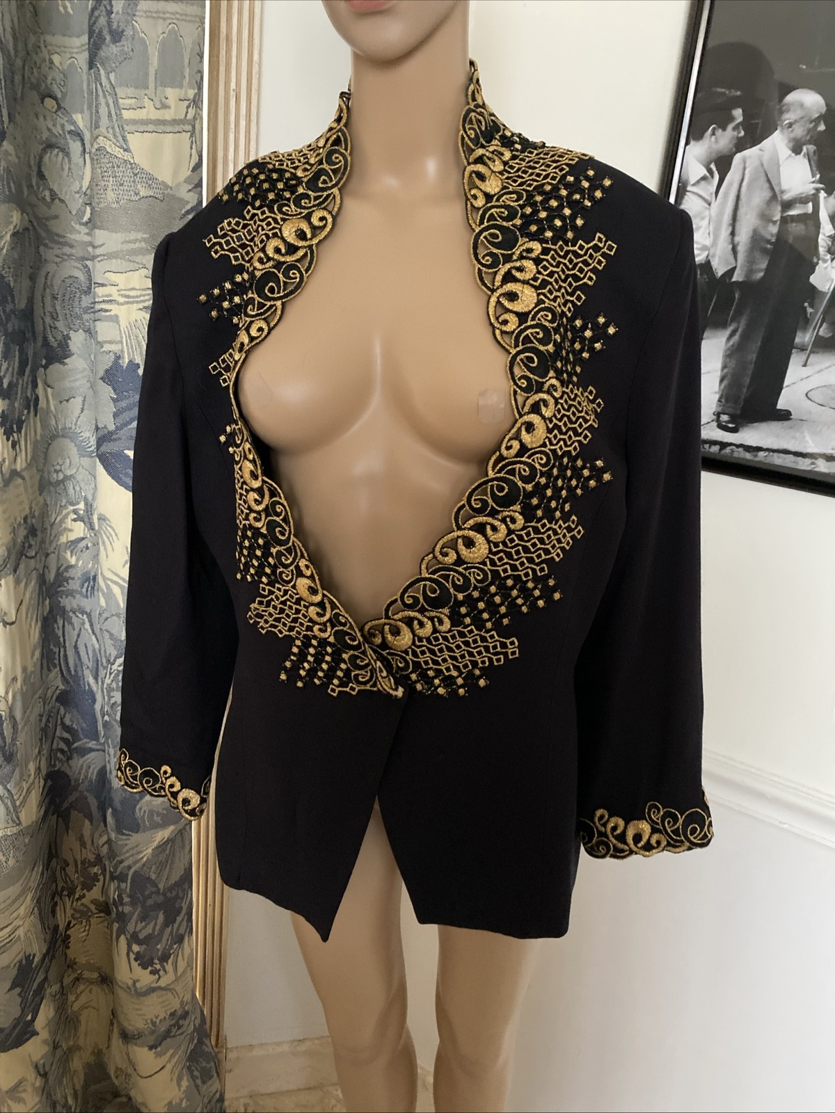 Vintage 90’s CASADEI Black Gold Collar Applique Glam Blazer Jacket SZ 12Rare USA