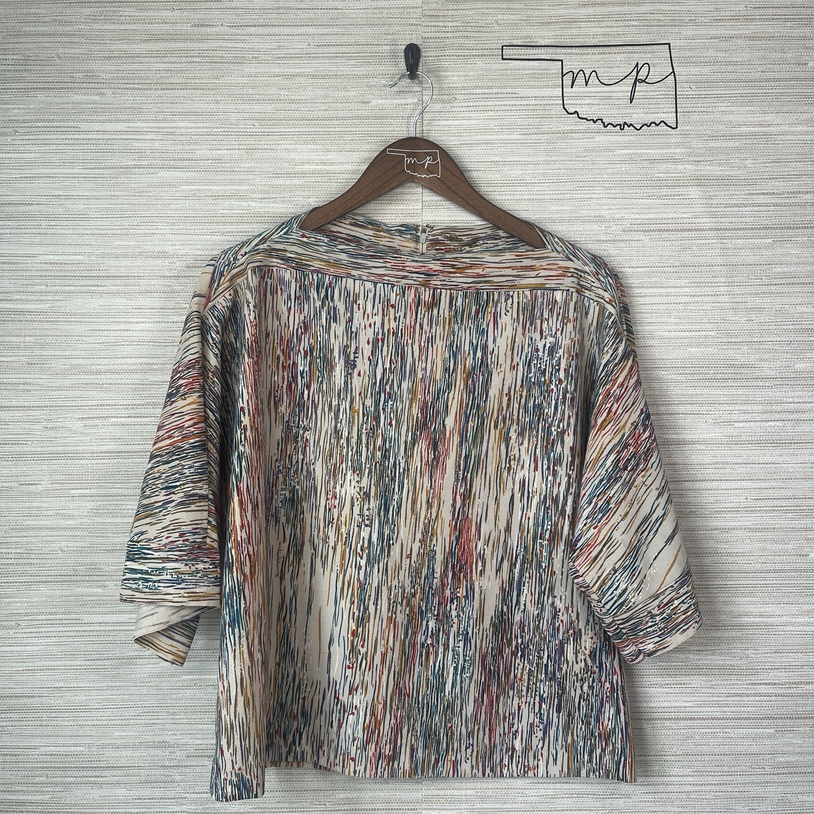 Vintage Woman’s 16 Jo Hanna York Top Multicolor Geometric Pattern Zip Boat Neck