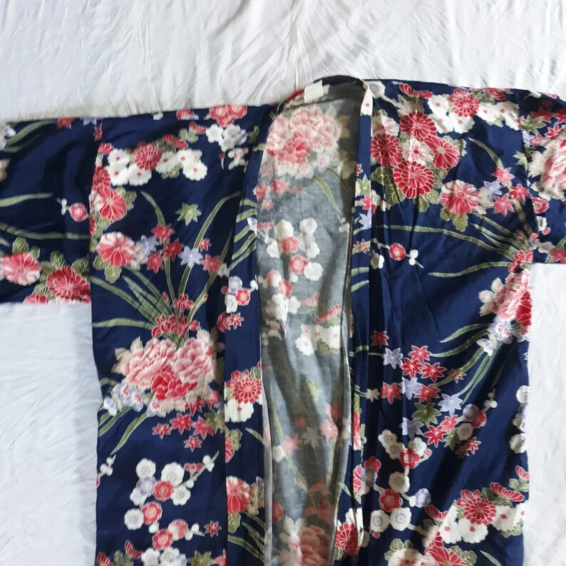 VINTAGE 60s/70s John Wanamaker XL Cotton Blue Floral Kimono Dressing Gown Robe