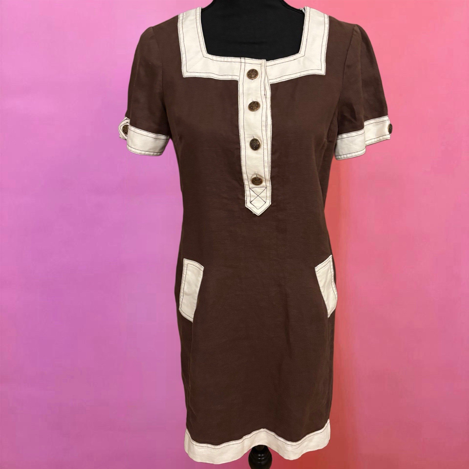 Vintage 90’s / 2000’s Morgan McFeeters Brown & White Square Neck Linen Dress