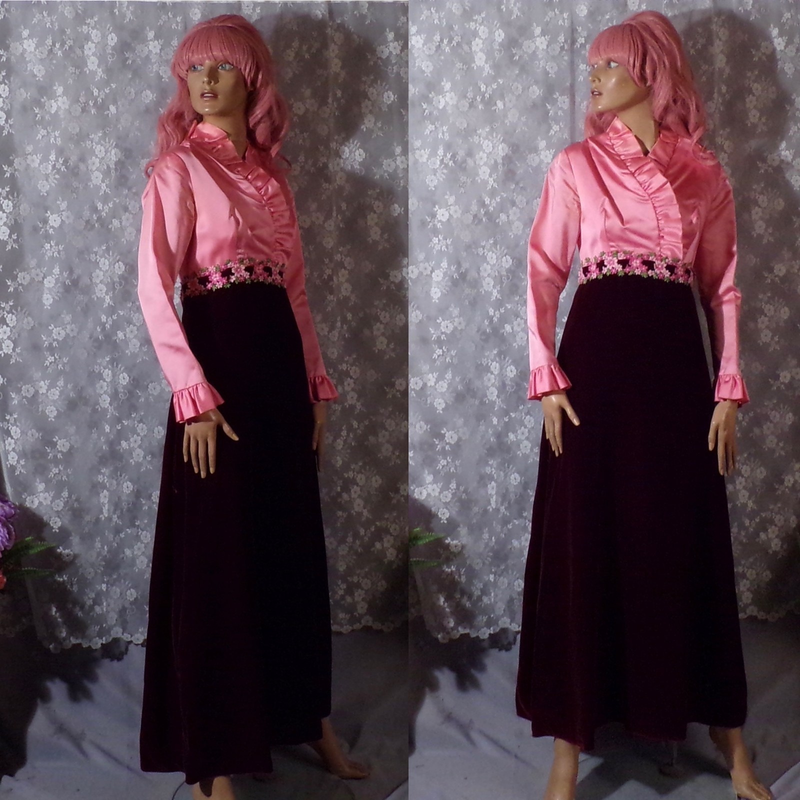 Vintage 70s Satin & Velvet Maxi Dress Size Small 1970s Retro Peasant Boho Hippie