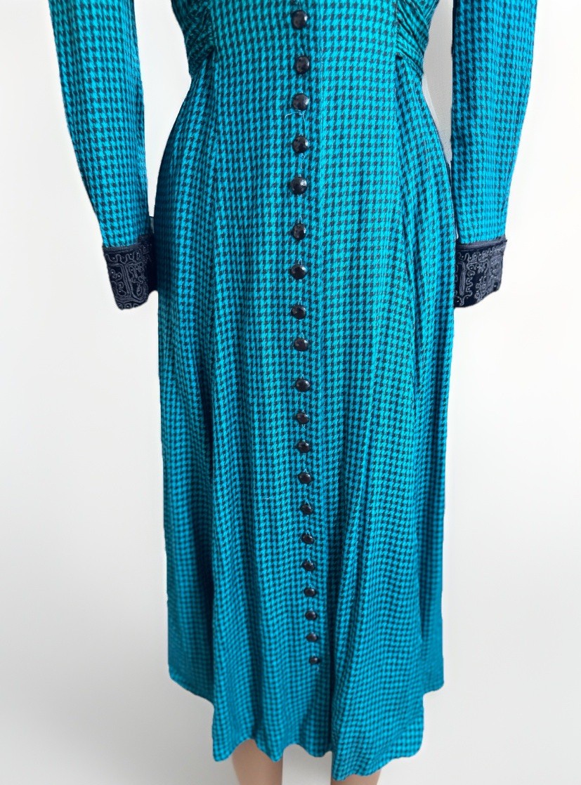 Vintage 80s Sarah Elizabeth Beaded collar Teal Gingham Goth Check Maxi Dress