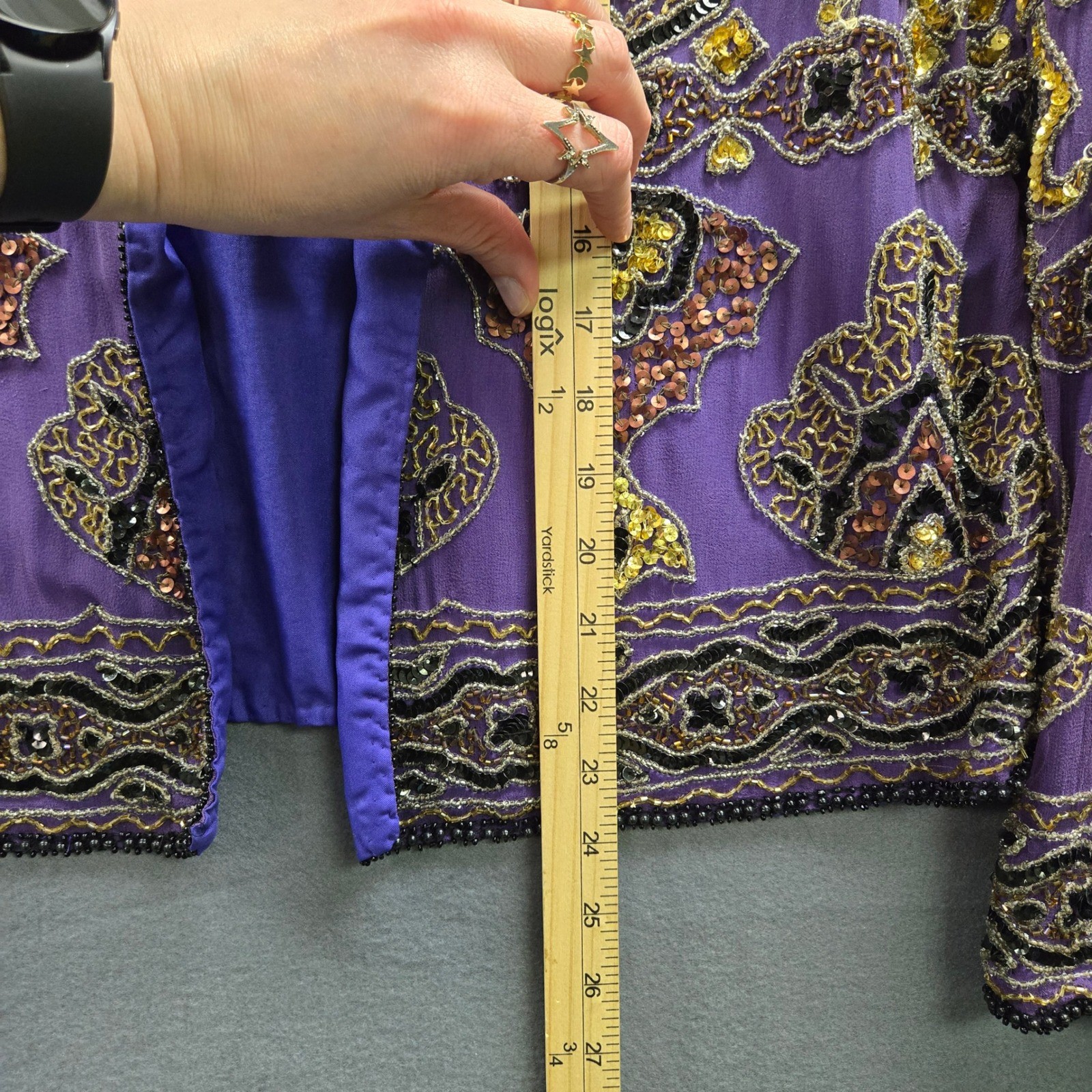 Vintage Beaded Silk Jacket Maximalist XL Purple Sequin Open Festival Art Deco
