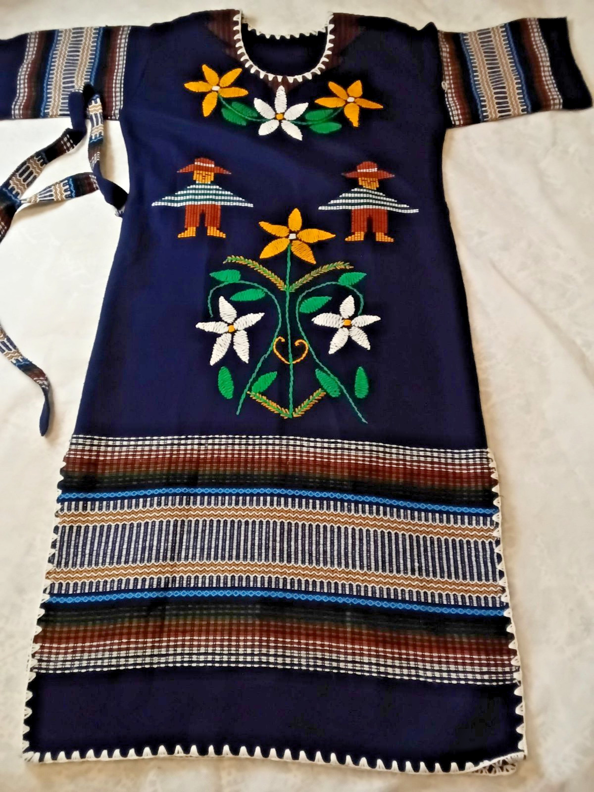 Vintage 70s South American Embroidered Tunic Dress Navy Boho Woven Folk Ethnic
