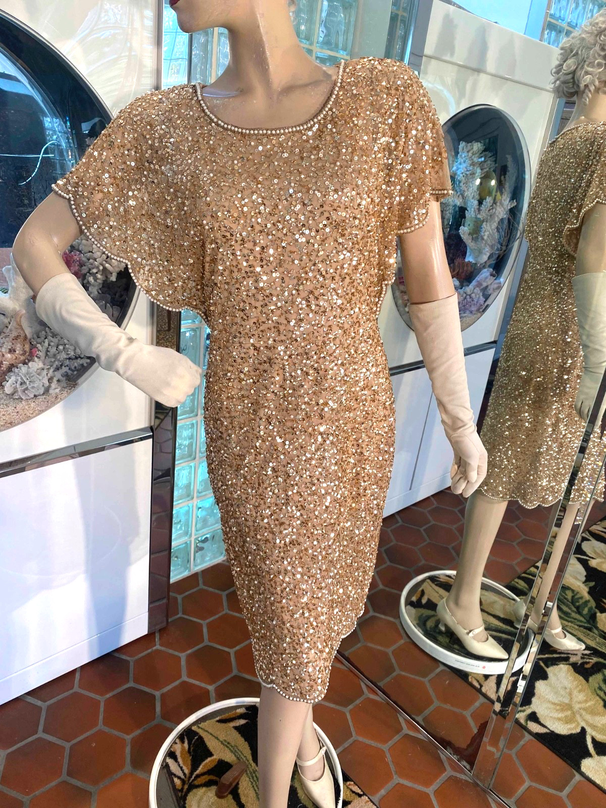 VTG Papell Evening Gold Sequin Beaded Dress Butterfly sleeves Fairy Knee 10