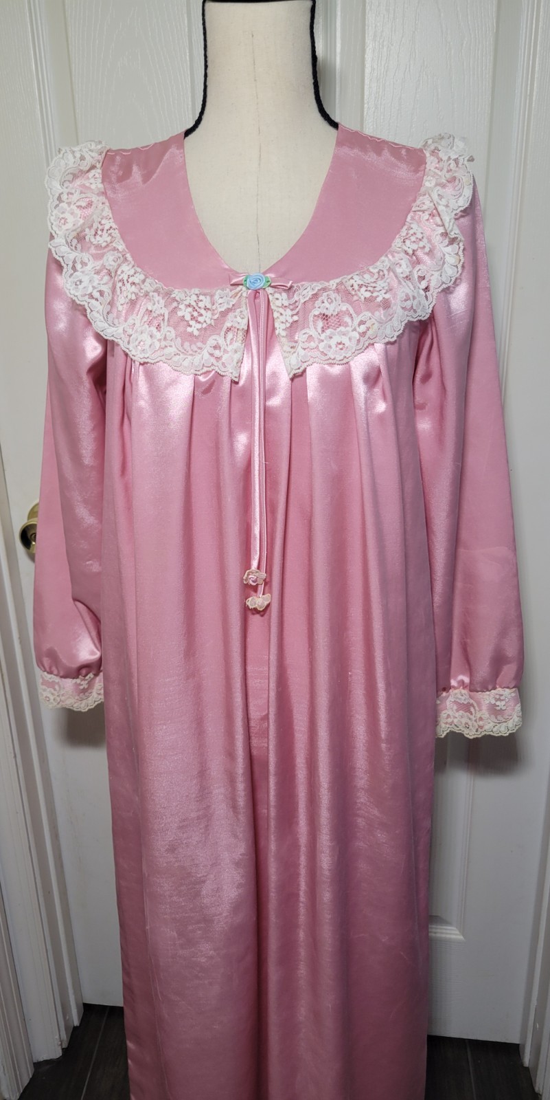 Vintage Brandywine Pink Satin Nightgown Lace Trim Petite USA Long Lingerie 70s