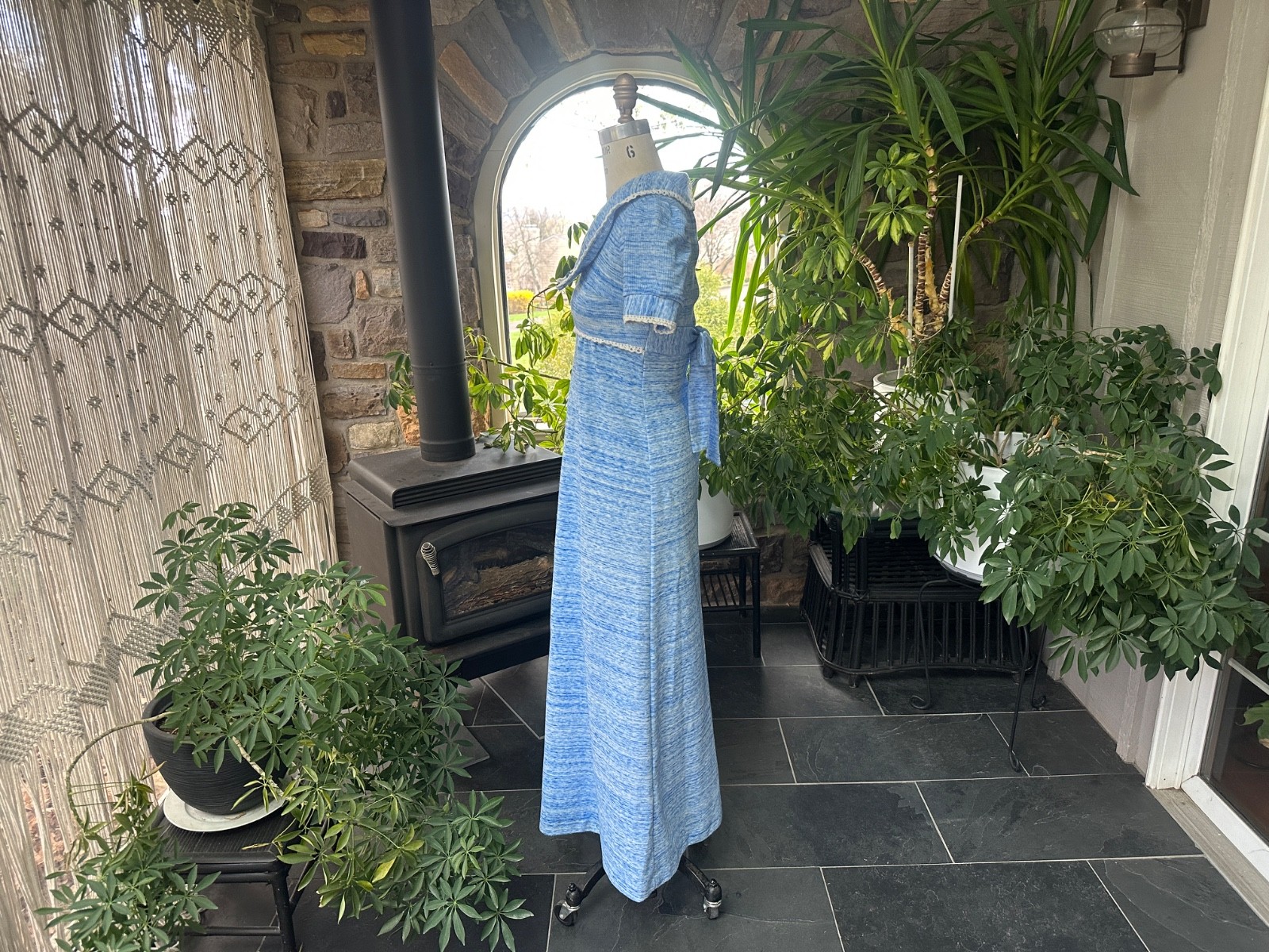 Vintage 1970s Blue and White Variegated Knit and Lace Baby Doll Maxi Dress