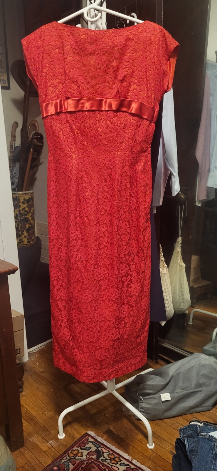 Vintage 1950’s Nina Andrews Red Lace Empire Boat Neck & Low Back Fitted Dress 12