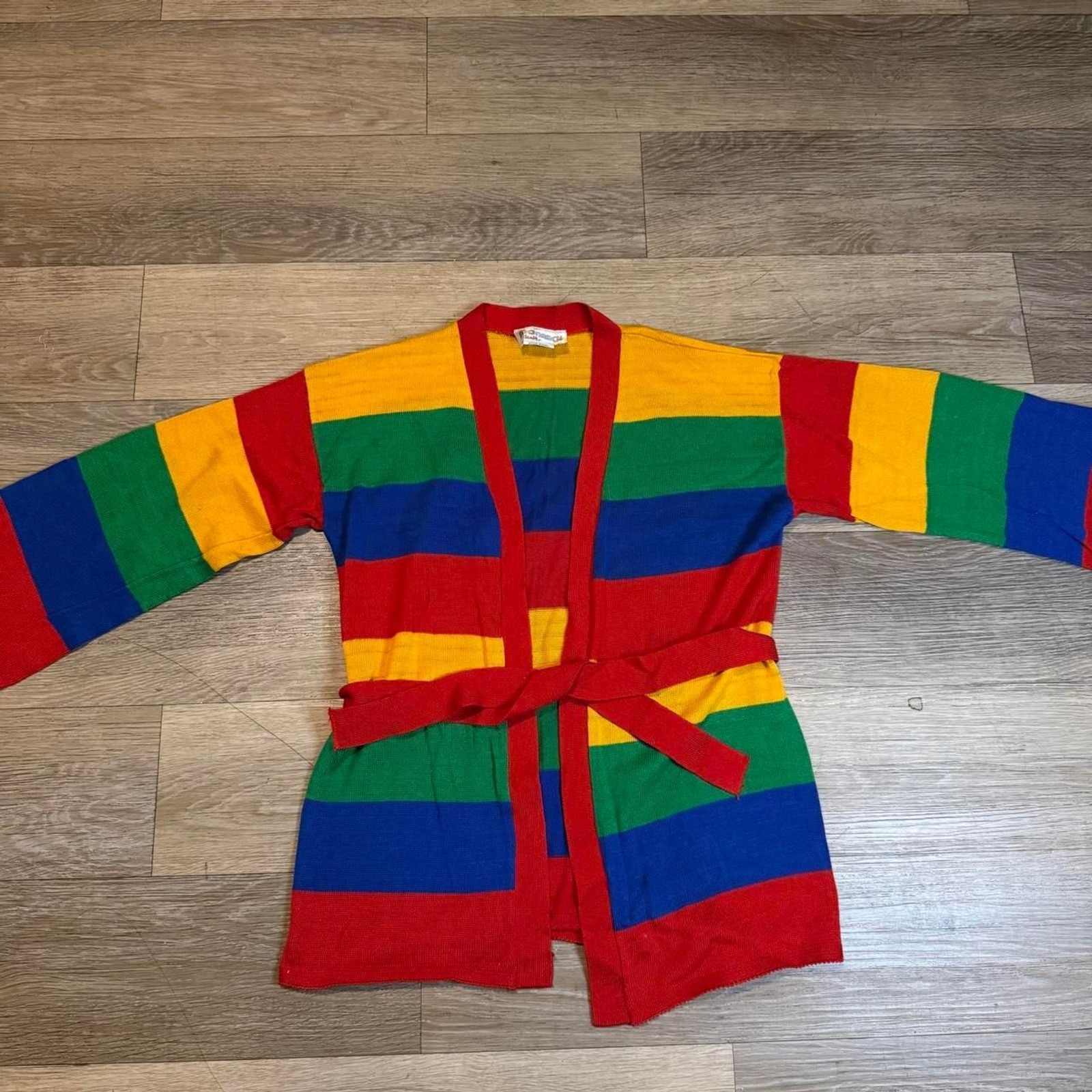 Vintage Monarch Knits Rainbow Striped Cardigan Sweater 100% Cotton Wrap Belted